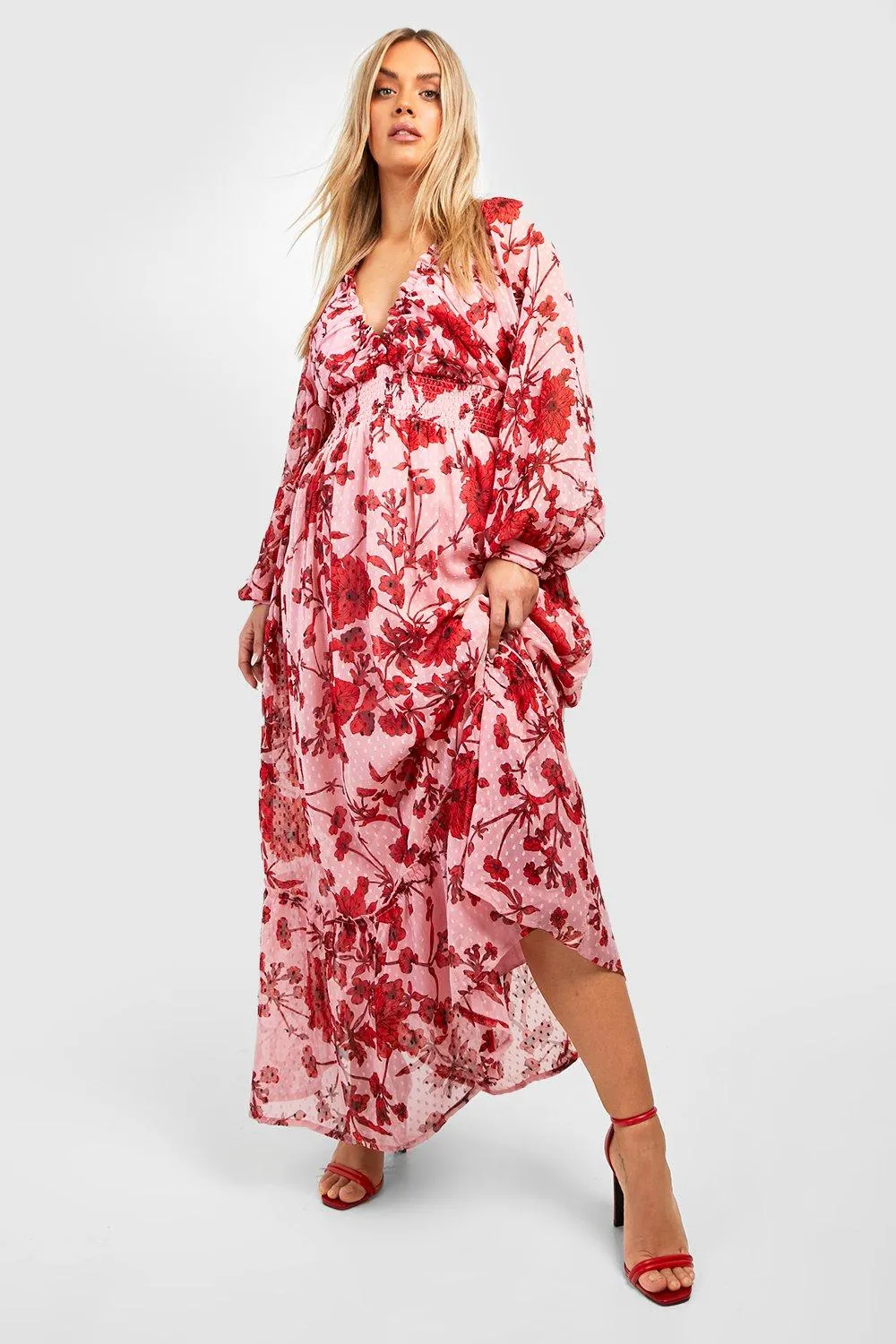 Plus Floral Dobby Mesh Shirred Waist Maxi Dress