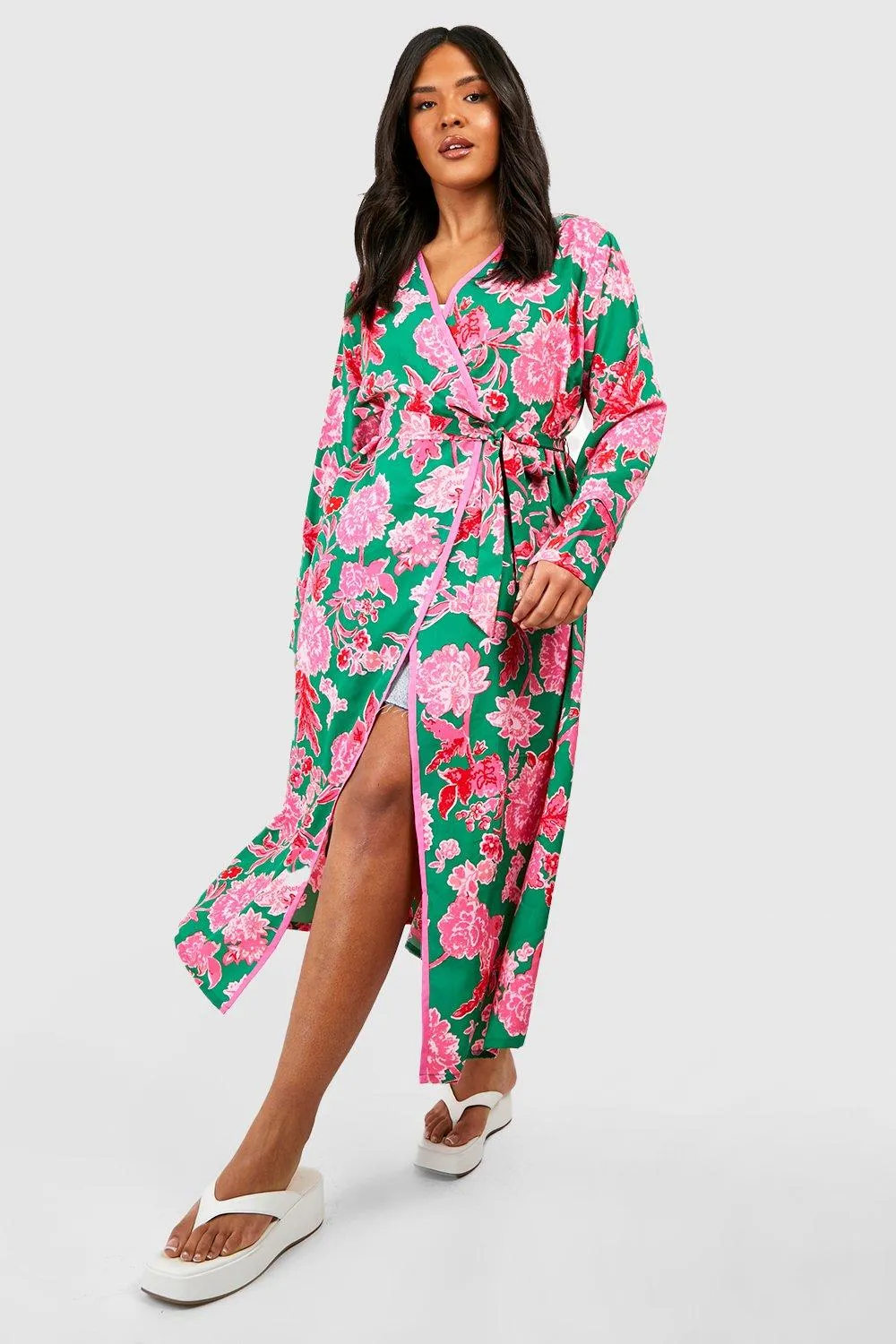 Plus Floral Tie Waist Kimono