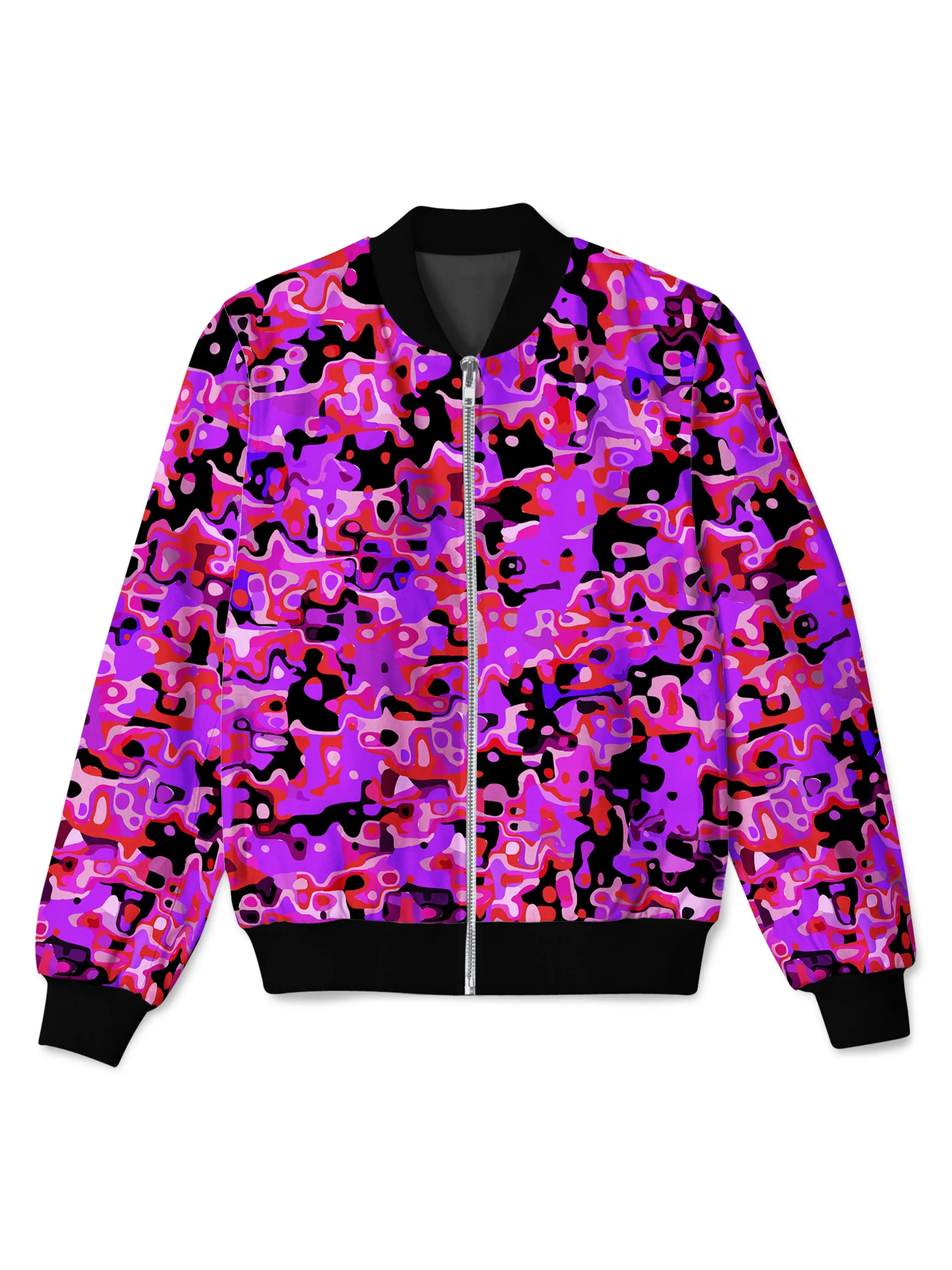 Purple Red and Black Rave Camo Melt Bomber Jacket