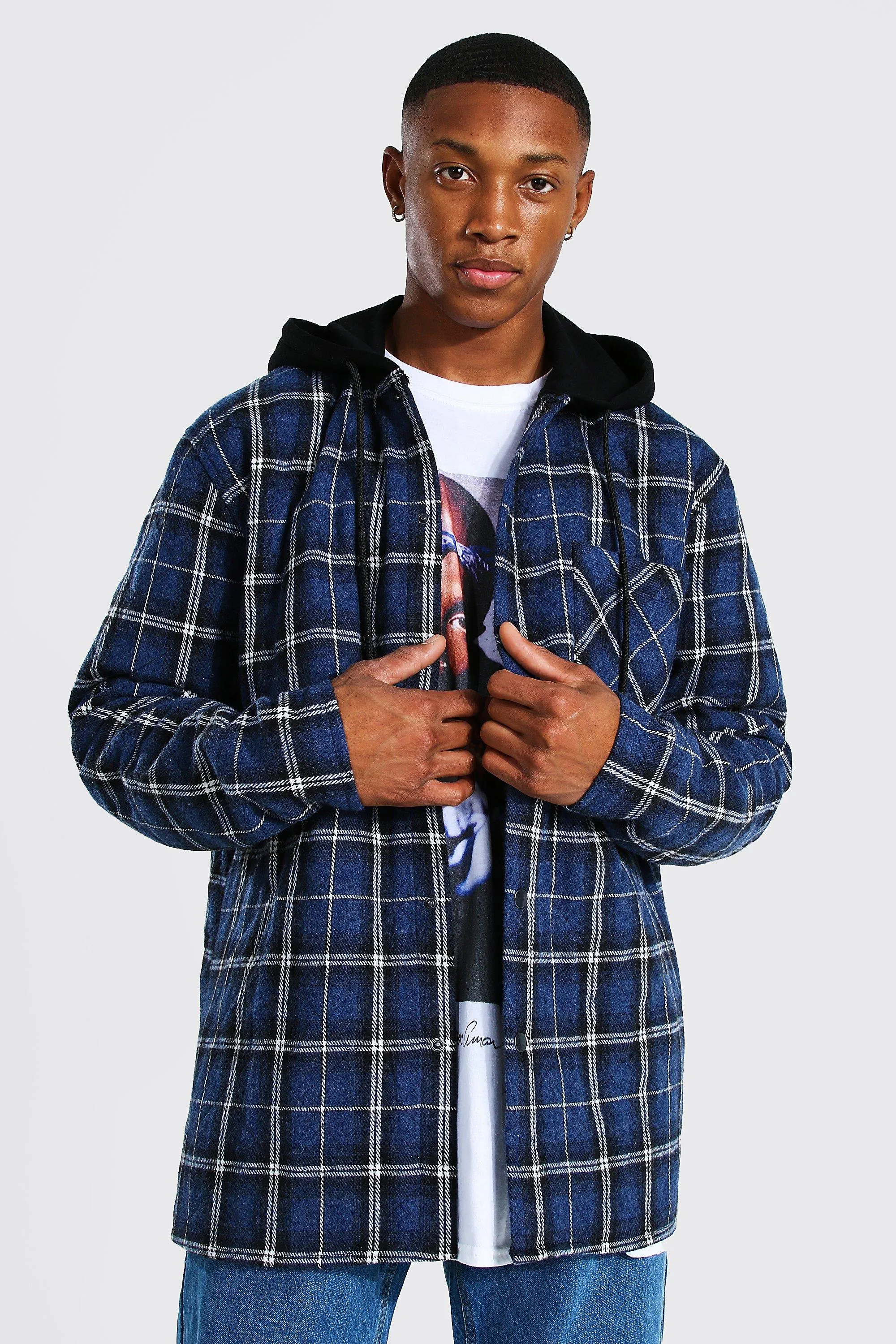 Quilted Utility Flannel Overshirt With Hood