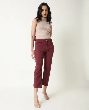 Rareism Women Admiral Maroon Cotton Lycra Fabric Mid Rise Solid Regular Fit Ankle Length Jeans