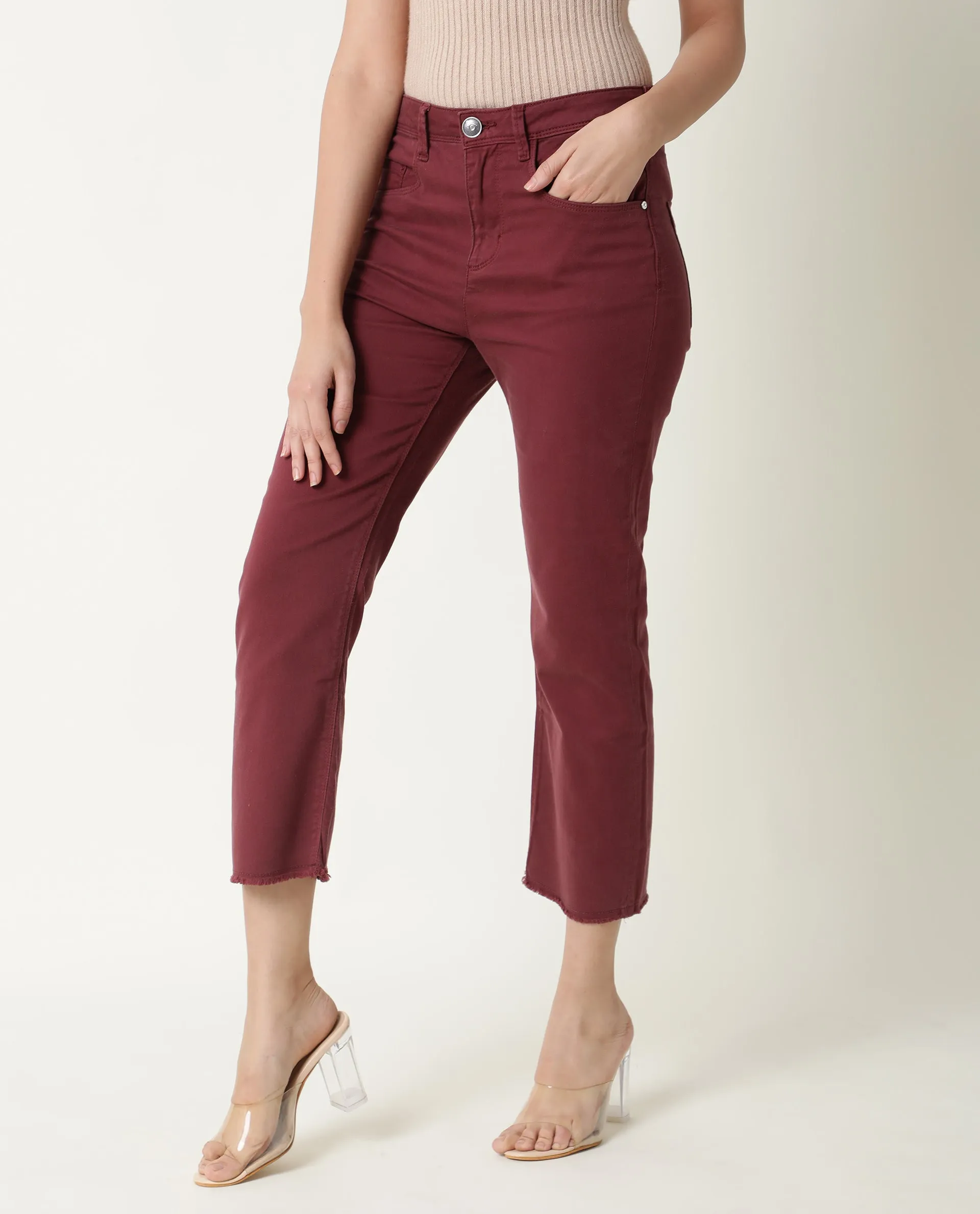 Rareism Women Admiral Maroon Cotton Lycra Fabric Mid Rise Solid Regular Fit Ankle Length Jeans