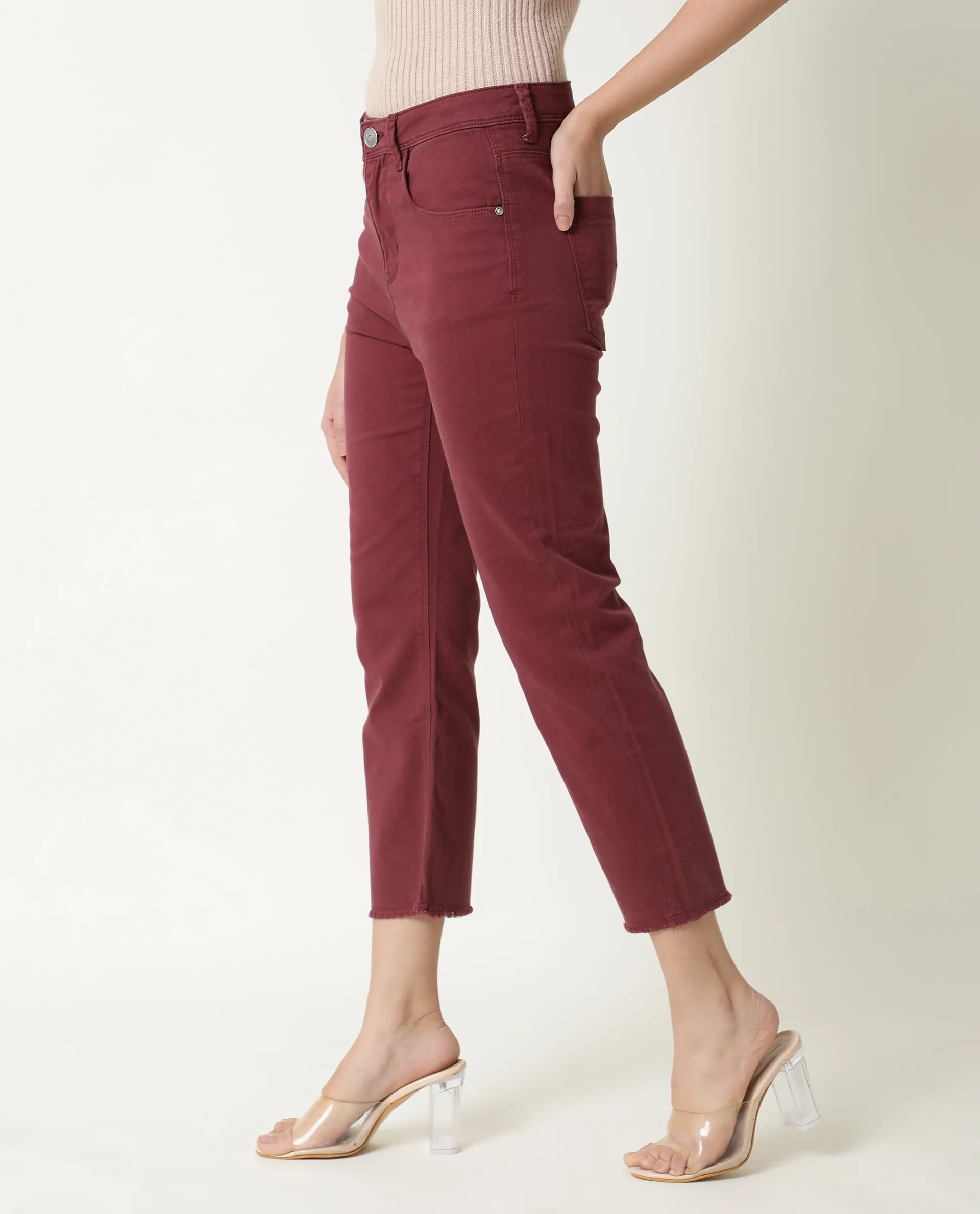 Rareism Women Admiral Maroon Cotton Lycra Fabric Mid Rise Solid Regular Fit Ankle Length Jeans