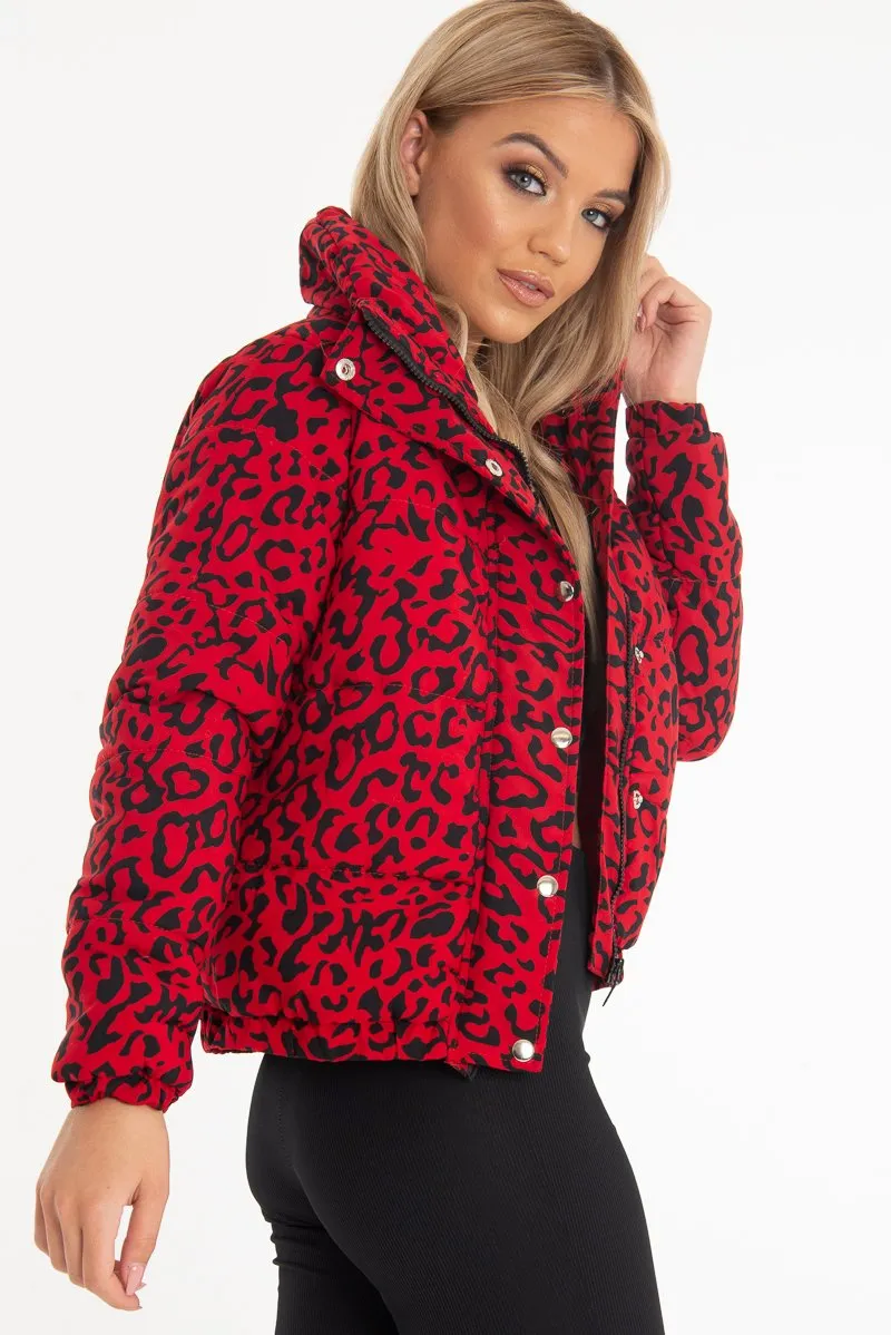 Red Leopard Print Zip Front Puffer Coat - Lidya