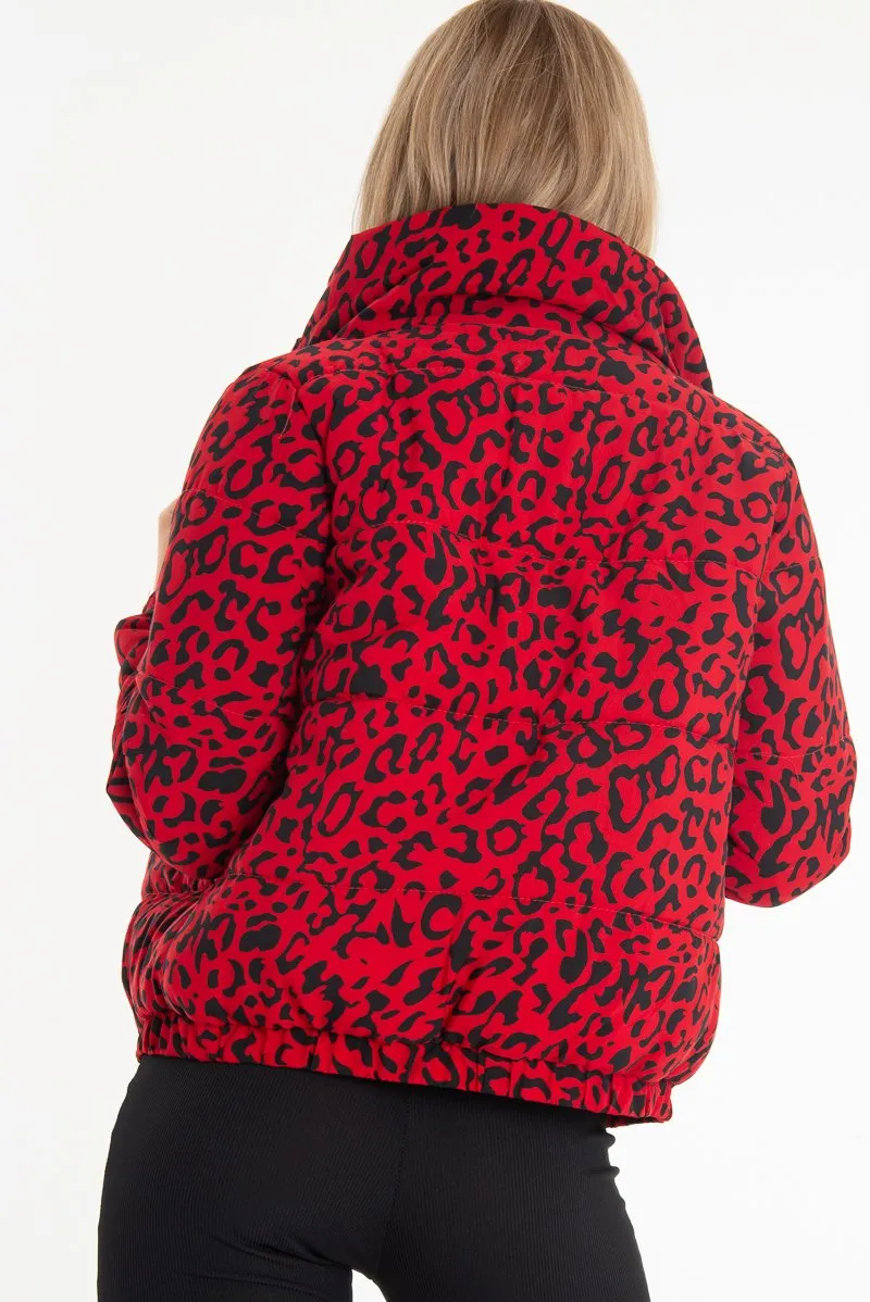 Red Leopard Print Zip Front Puffer Coat - Lidya