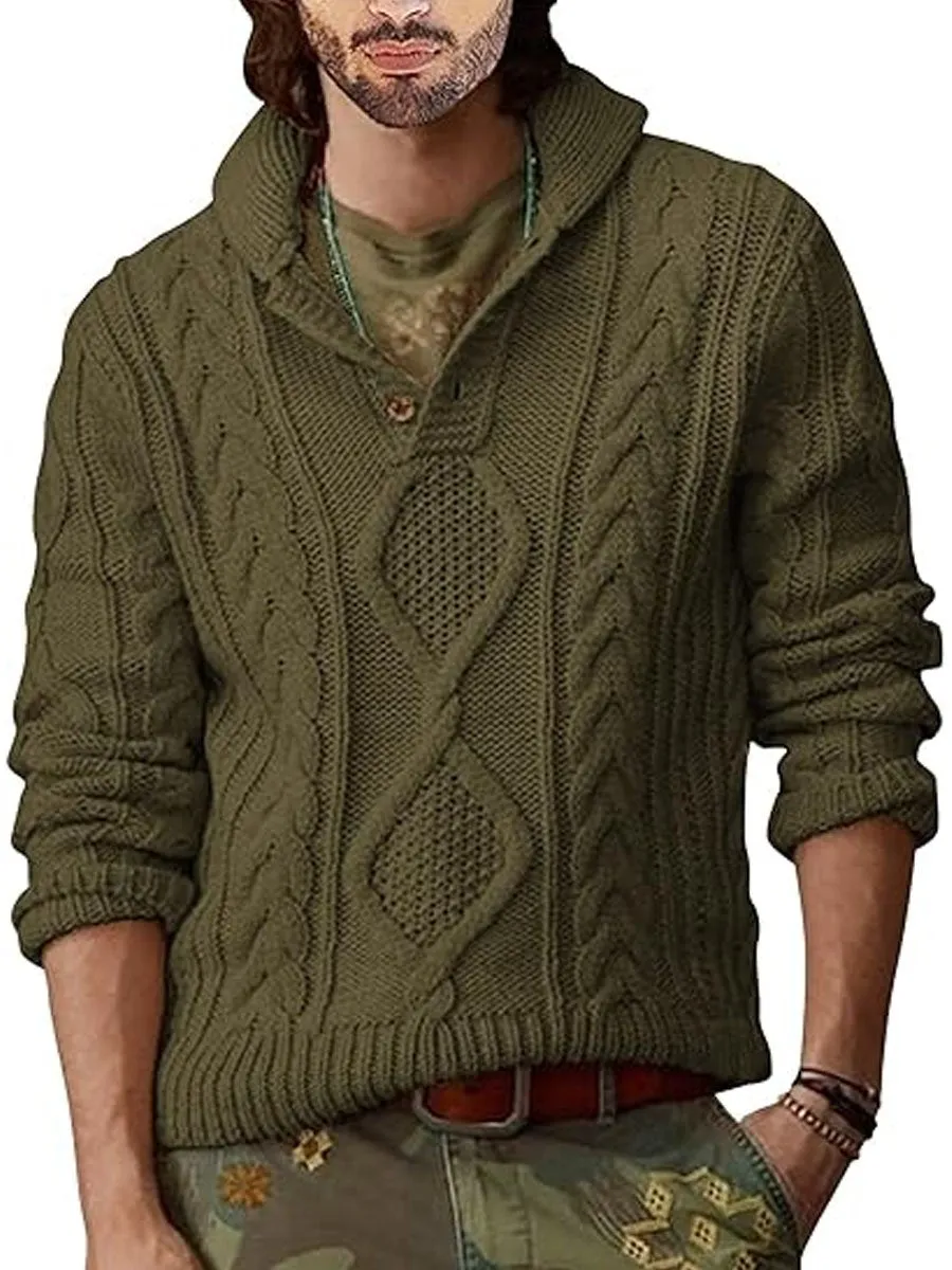 Retro Solid Color Half-Open V-Neck Cable Knit Pullover Sweater