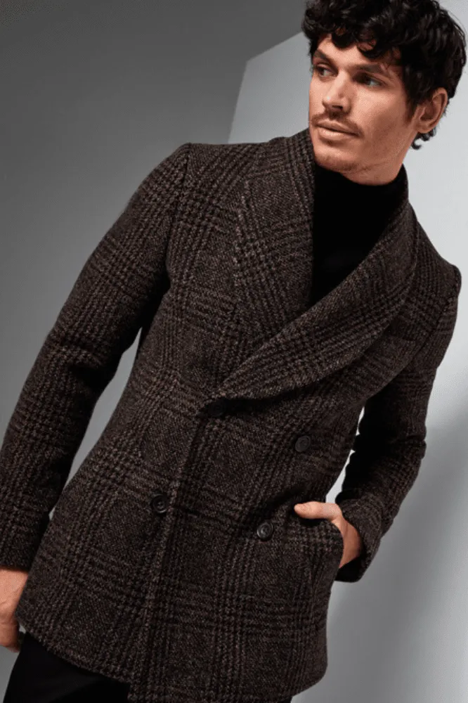 Roman Shawl Coat - Brown and Black Check Wool