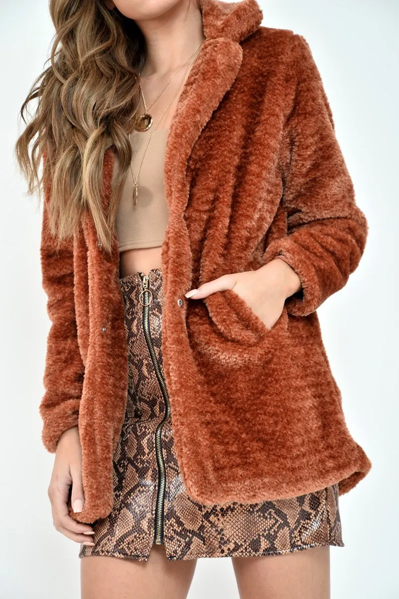 Rust Faux Fur Popper Button Coat - Clarisa