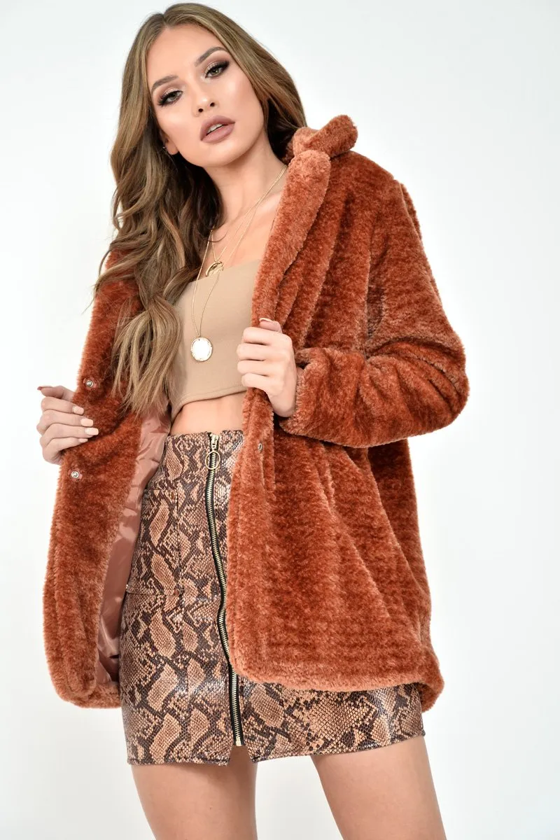 Rust Faux Fur Popper Button Coat - Clarisa