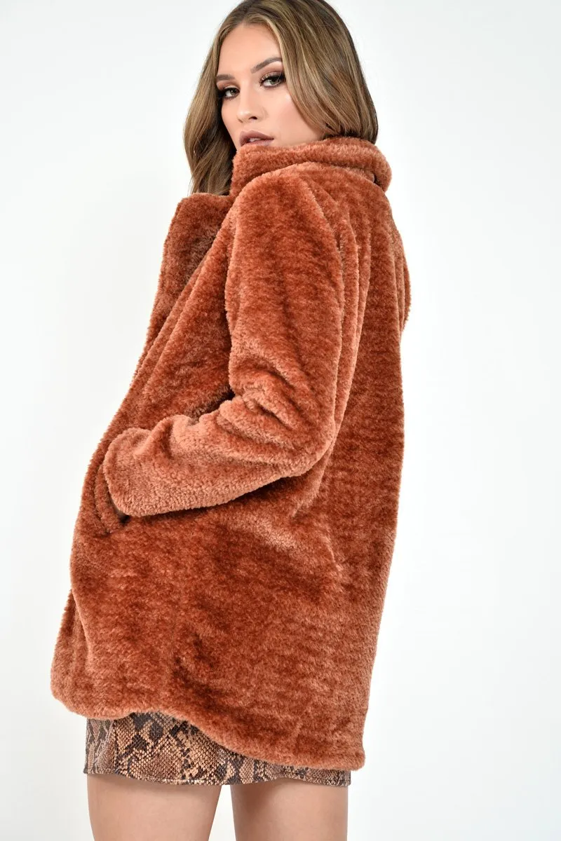 Rust Faux Fur Popper Button Coat - Clarisa