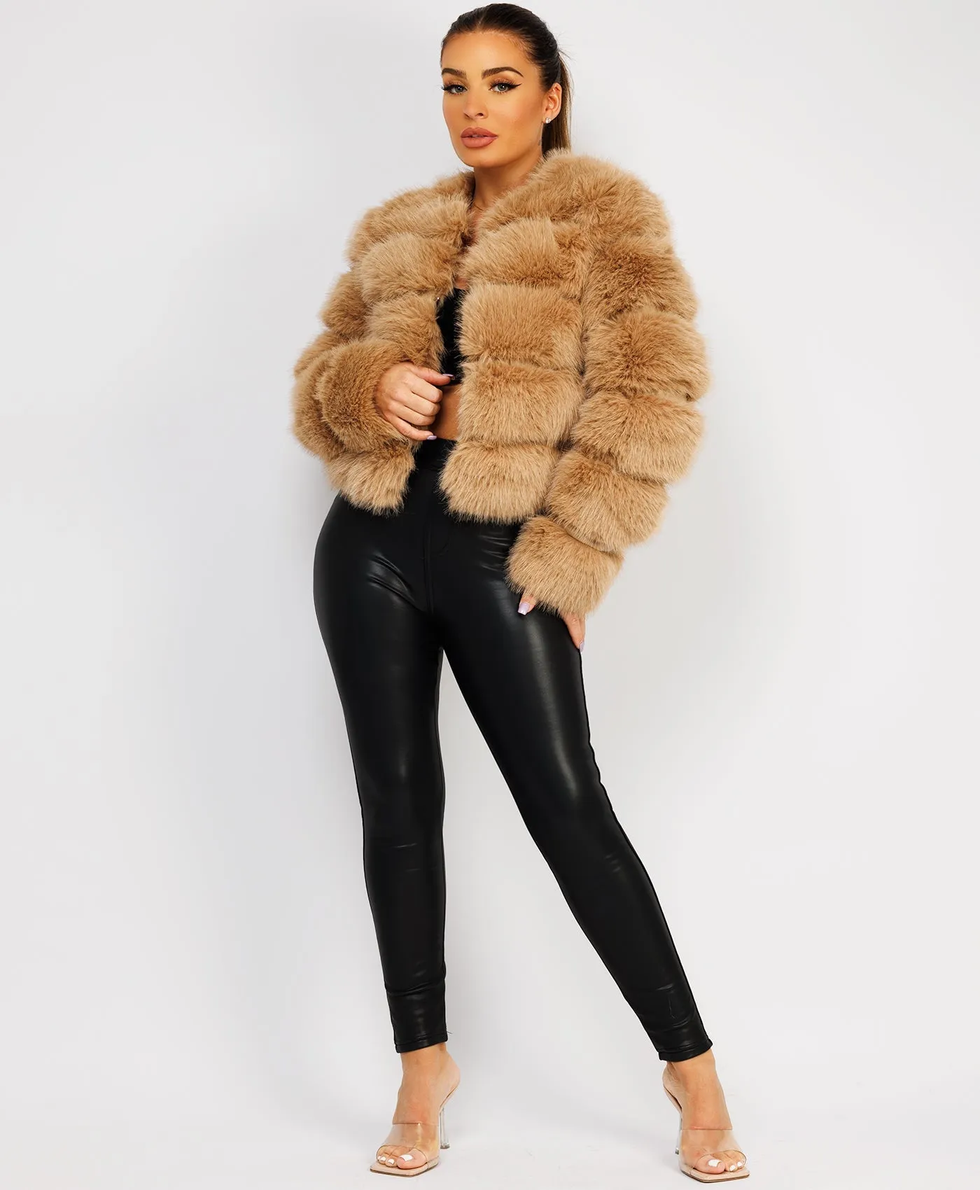 Sand Faux Fur Tiered Panel Premium Coat Jacket