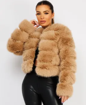 Sand Faux Fur Tiered Panel Premium Coat Jacket