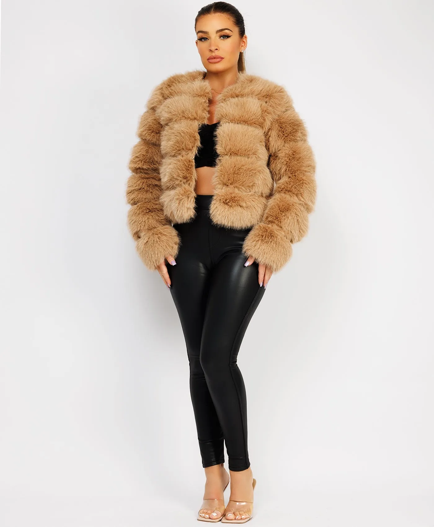 Sand Faux Fur Tiered Panel Premium Coat Jacket