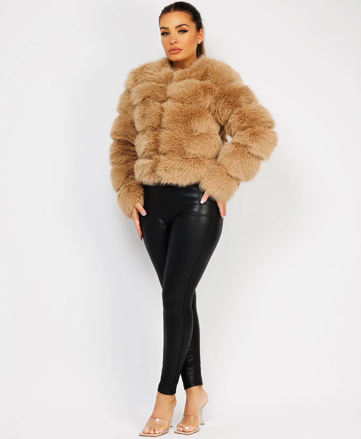 Sand Faux Fur Tiered Panel Premium Coat Jacket