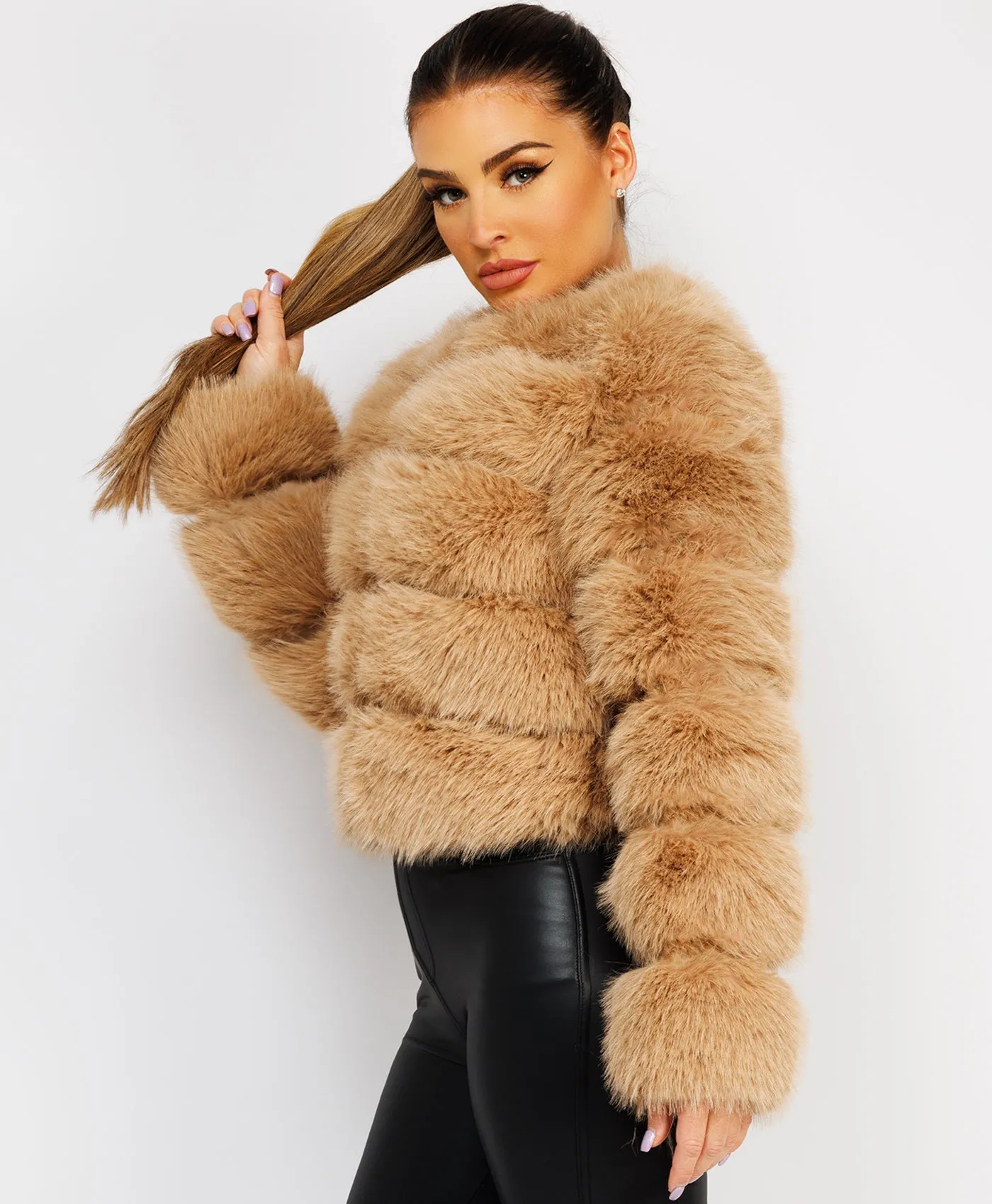 Sand Faux Fur Tiered Panel Premium Coat Jacket