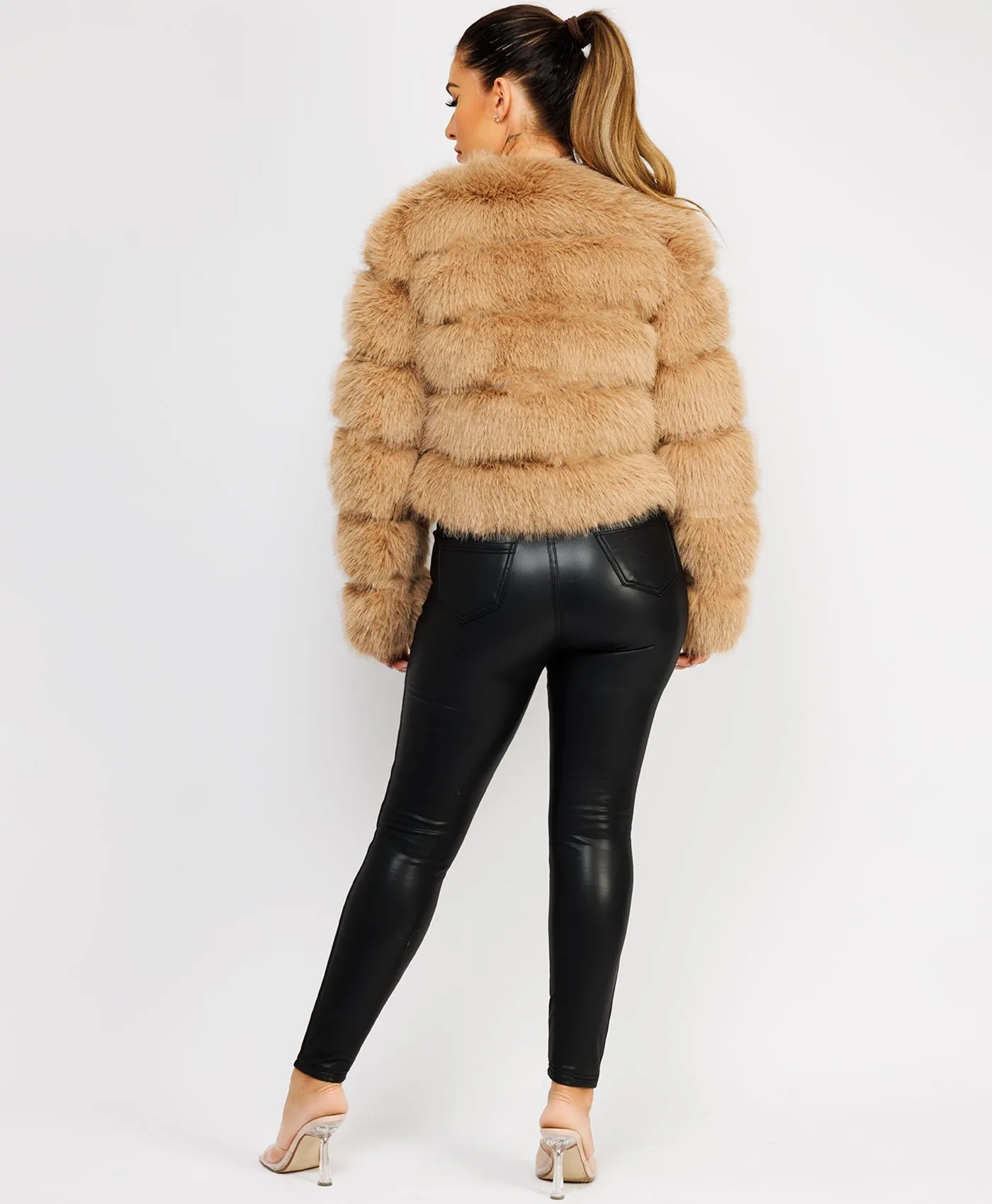 Sand Faux Fur Tiered Panel Premium Coat Jacket