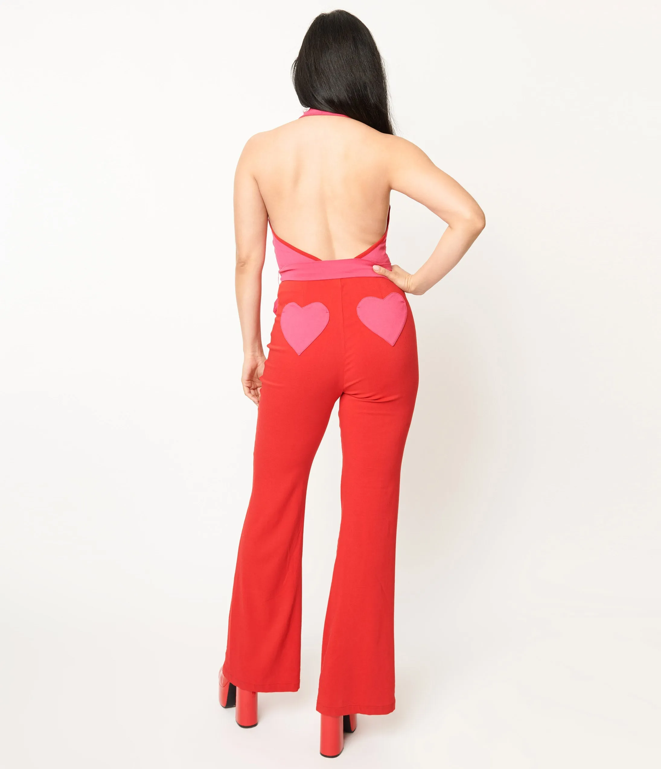 Smak Parlour 1970s Red & Pink Heart Pocket Front Zip Halter Jumpsuit