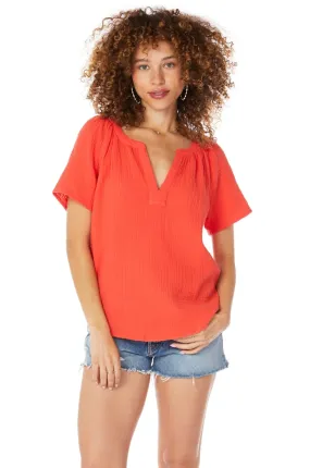 SPLIT NECK COTTON GAUZE SHORT SLEEVE BLOUSE