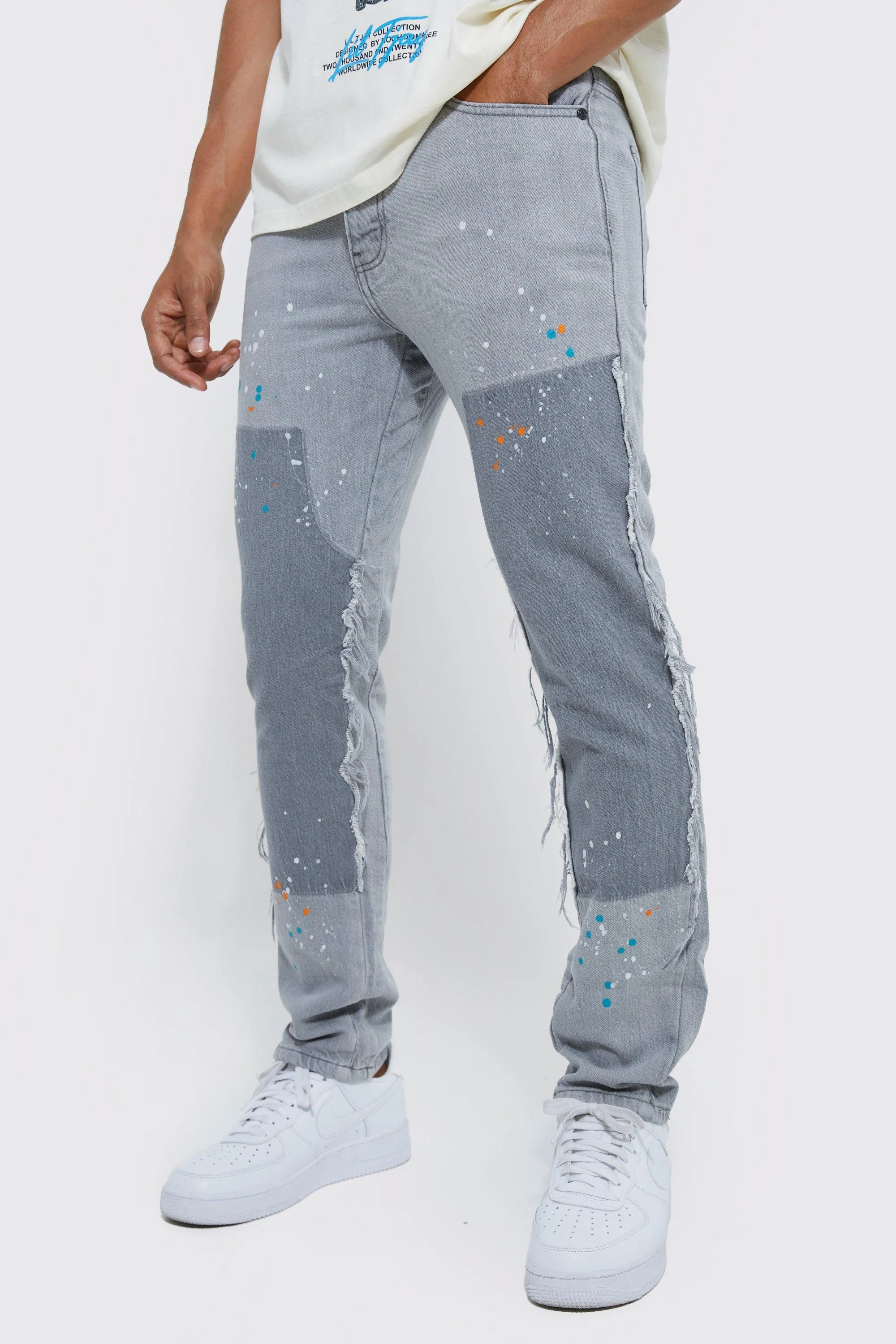 Straight Gusset Carpenter Paint Splatter Jeans | boohooMAN UK