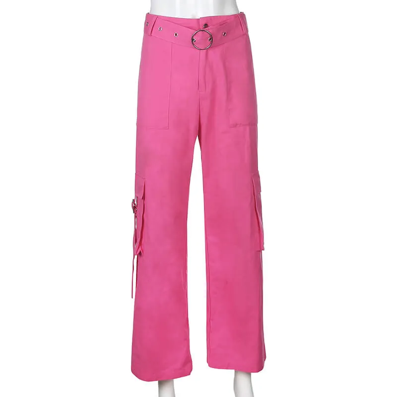 STREET FASHION PASTEL PINK HIGH WAIST POCKET PANTS BY55522