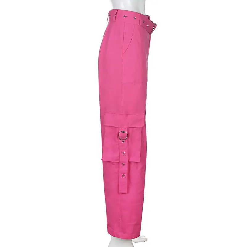 STREET FASHION PASTEL PINK HIGH WAIST POCKET PANTS BY55522