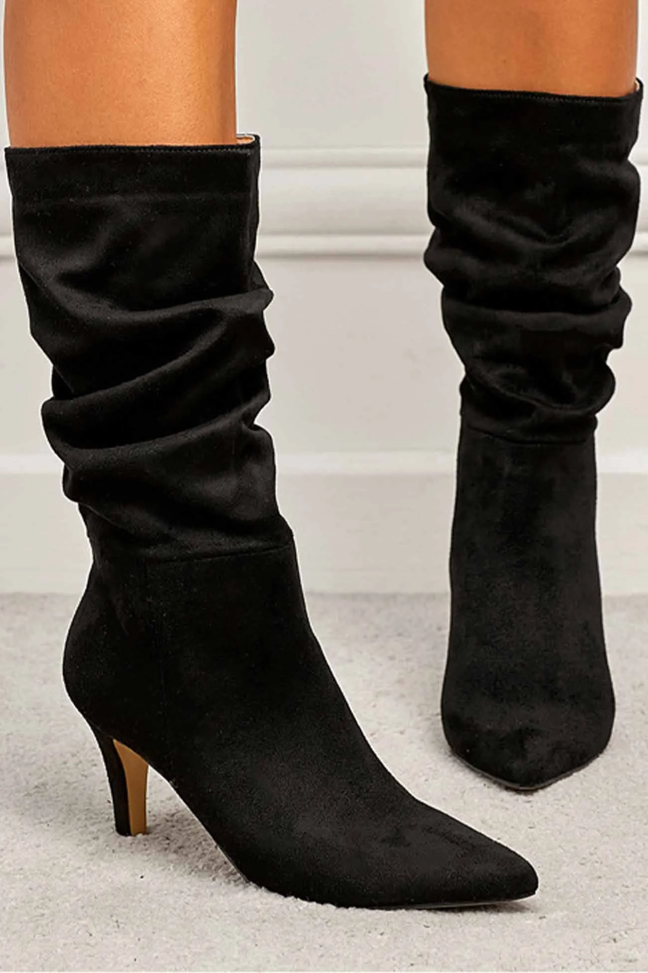 Suede Pointed Toe Pleated Stiletto Heels Ankle Boots