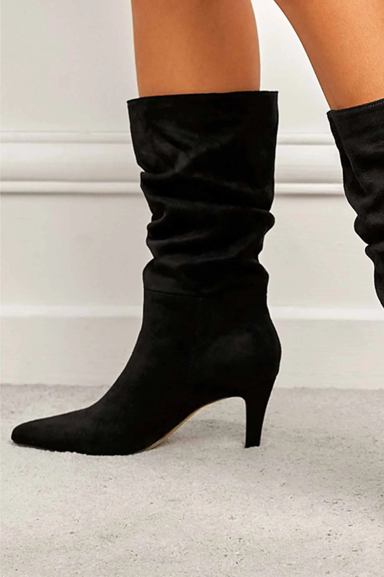 Suede Pointed Toe Pleated Stiletto Heels Ankle Boots