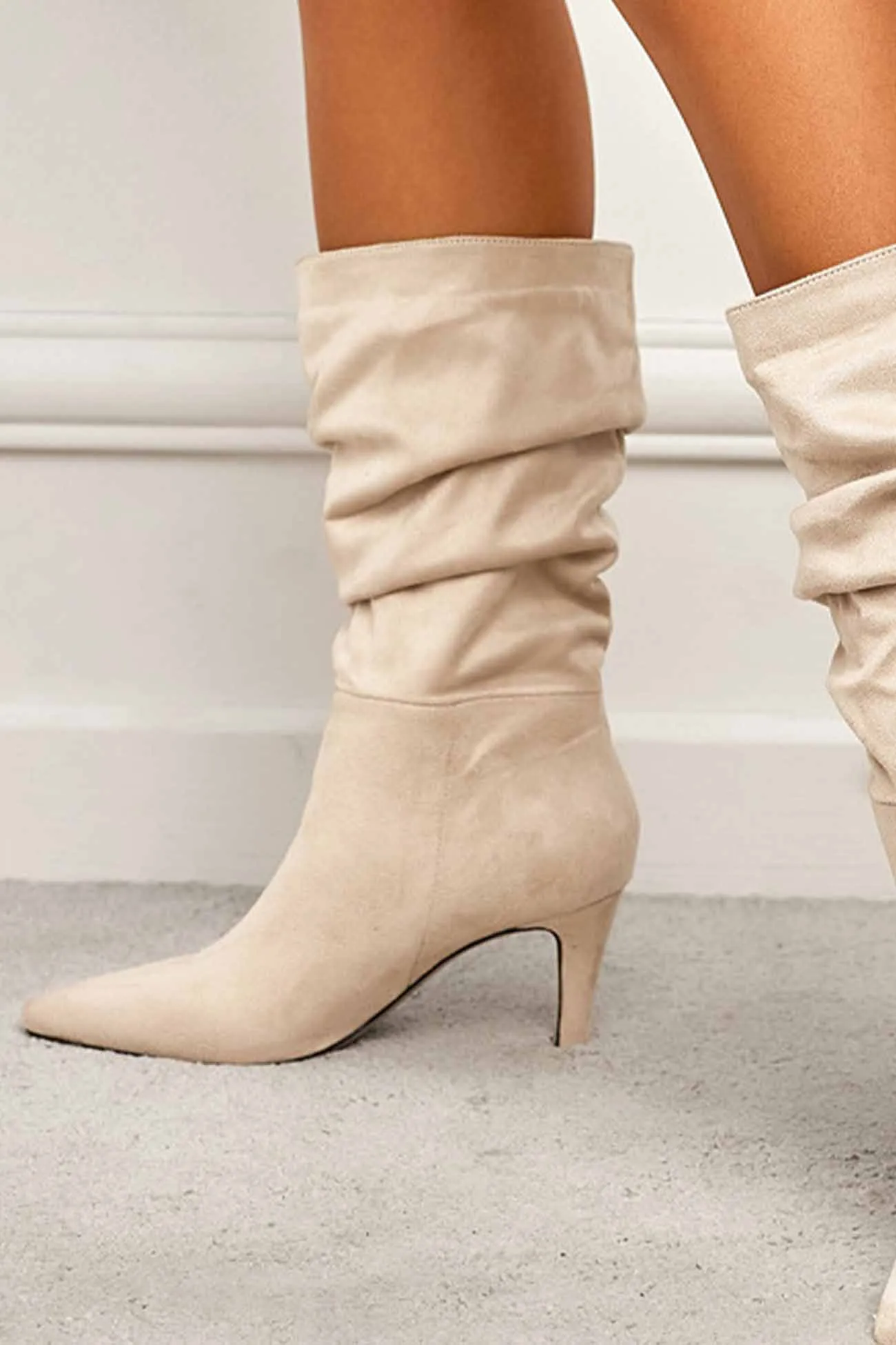 Suede Pointed Toe Pleated Stiletto Heels Ankle Boots