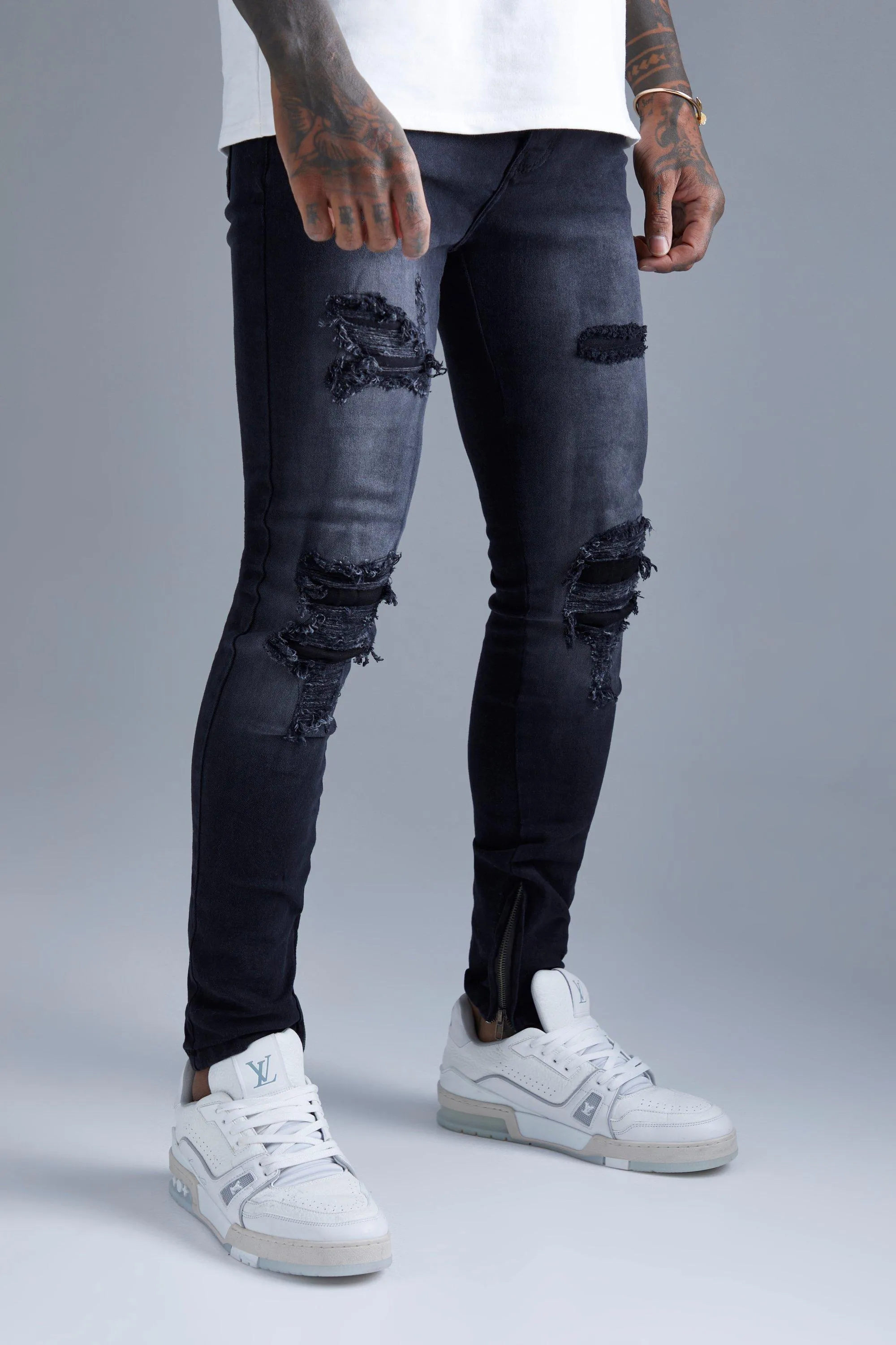 Super Skinny All Over Rip And Repair Jeans | boohooMAN UK