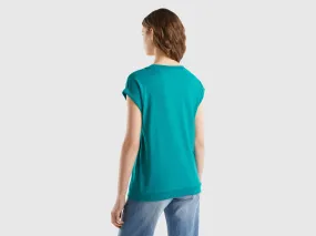 T-shirt with V-neck - Teal | Benetton