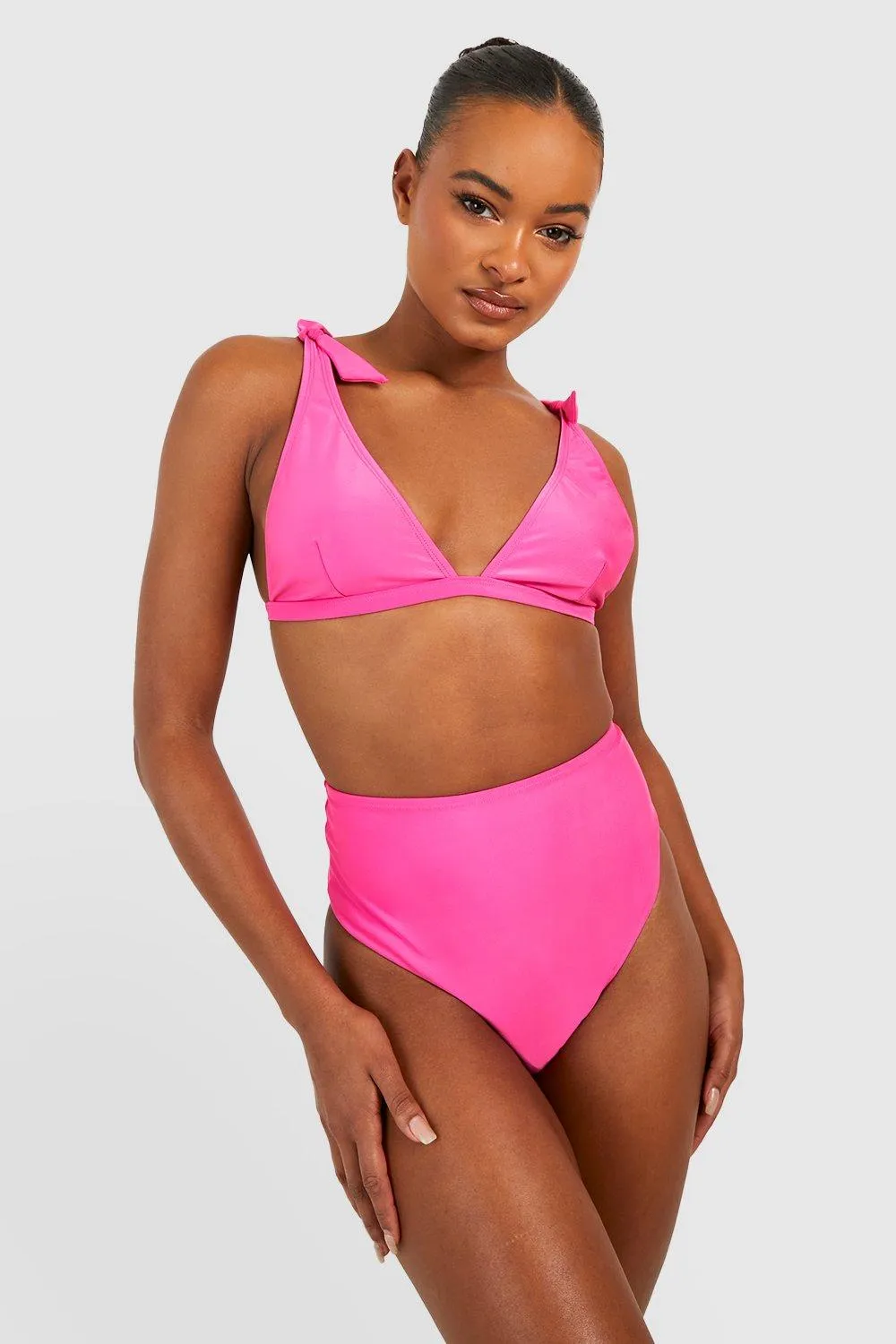 Tall Tie Shoulder Plunge High Waist Bikini Set