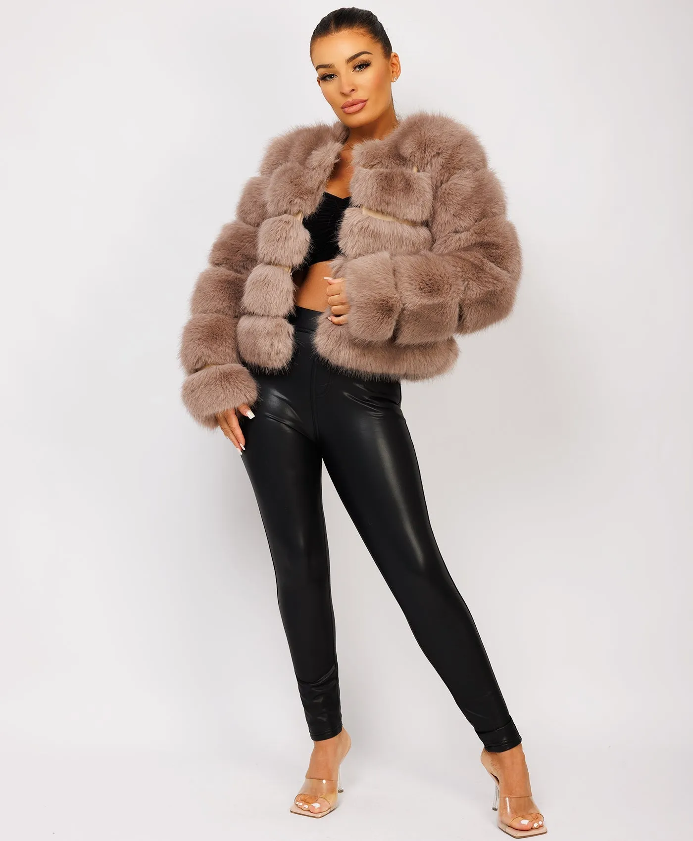 Taupe Faux Fur Tiered Panel Premium Coat Jacket