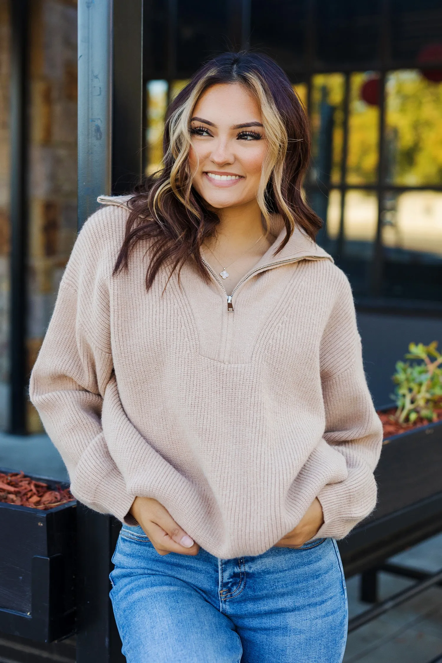 The Chai Of Relief Tan Zip Collared Sweater