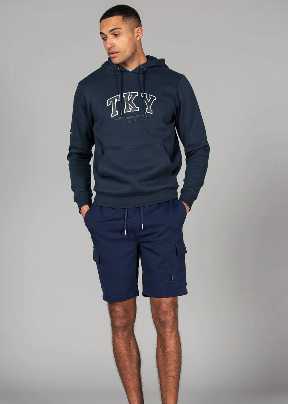 Tokyo Laundry Navy Cotton Blend Hoody with Branding Print