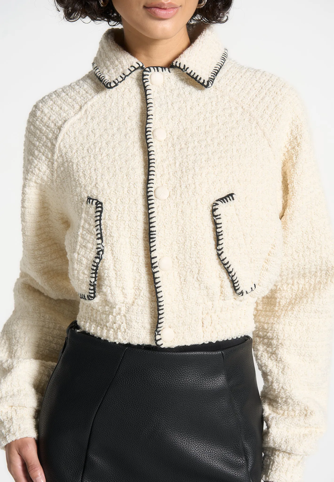 Tweed Whip Stitch Varsity Jacket - Cream