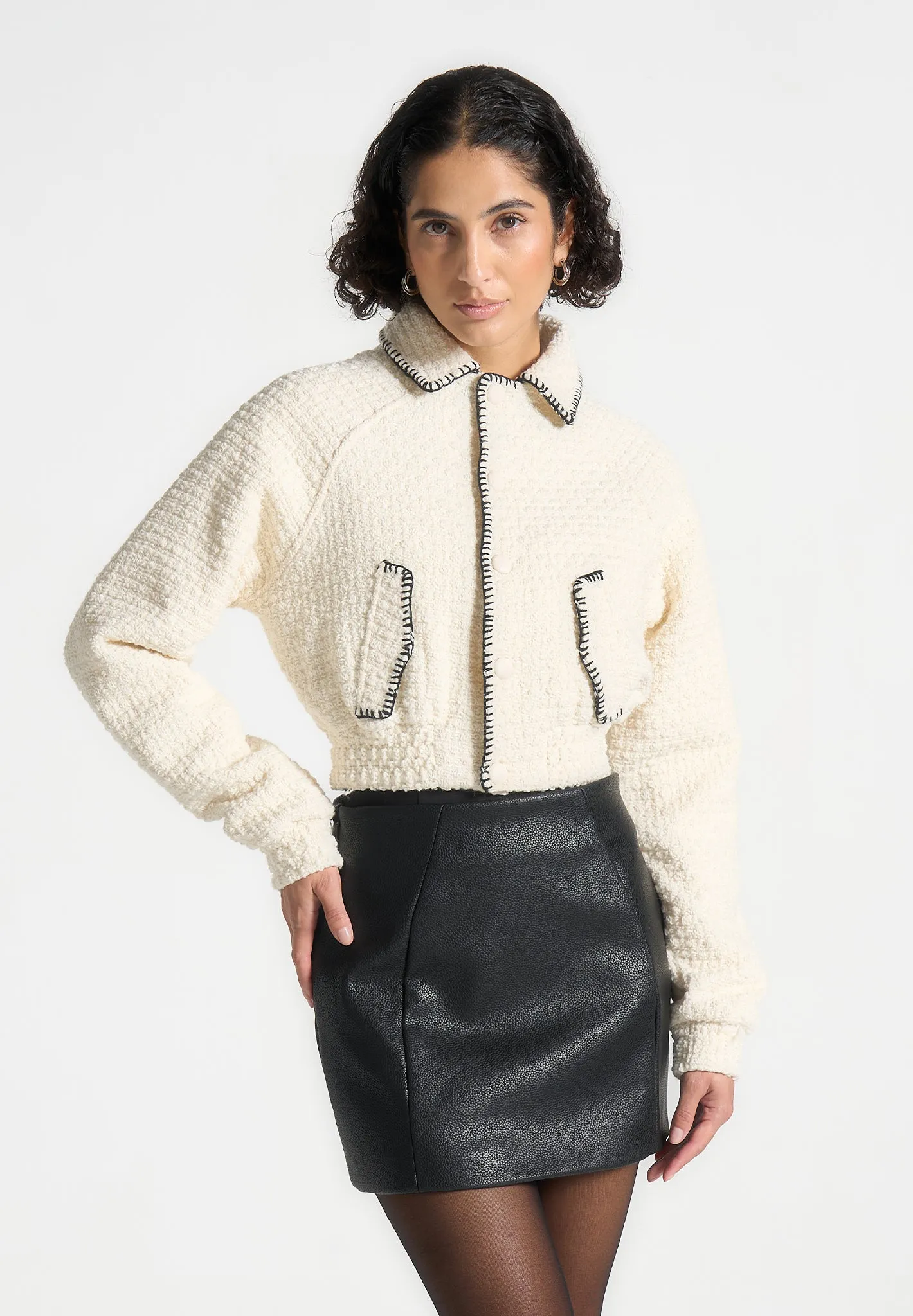 Tweed Whip Stitch Varsity Jacket - Cream