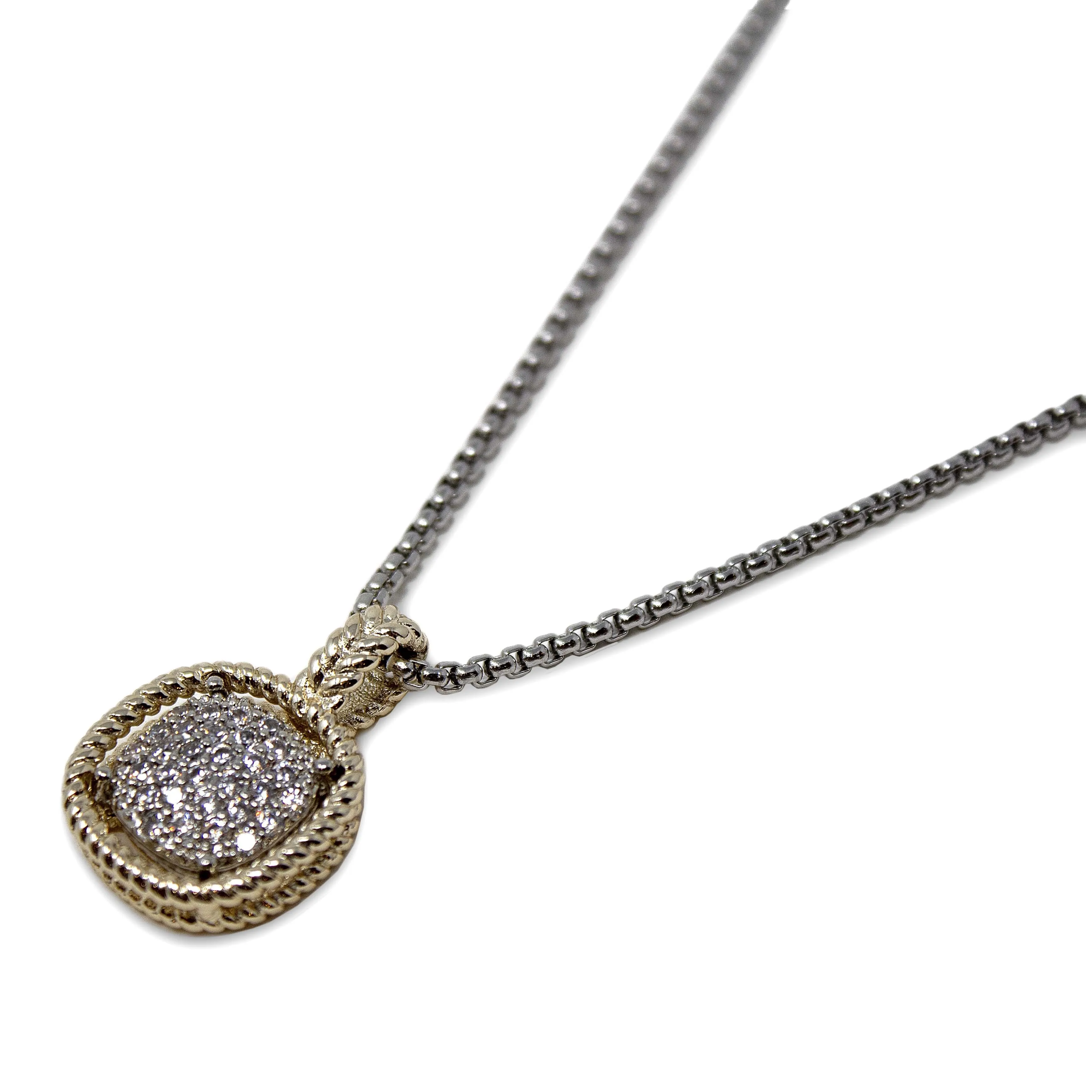 Two Tone Necklace with Soft Square Pave Pendant