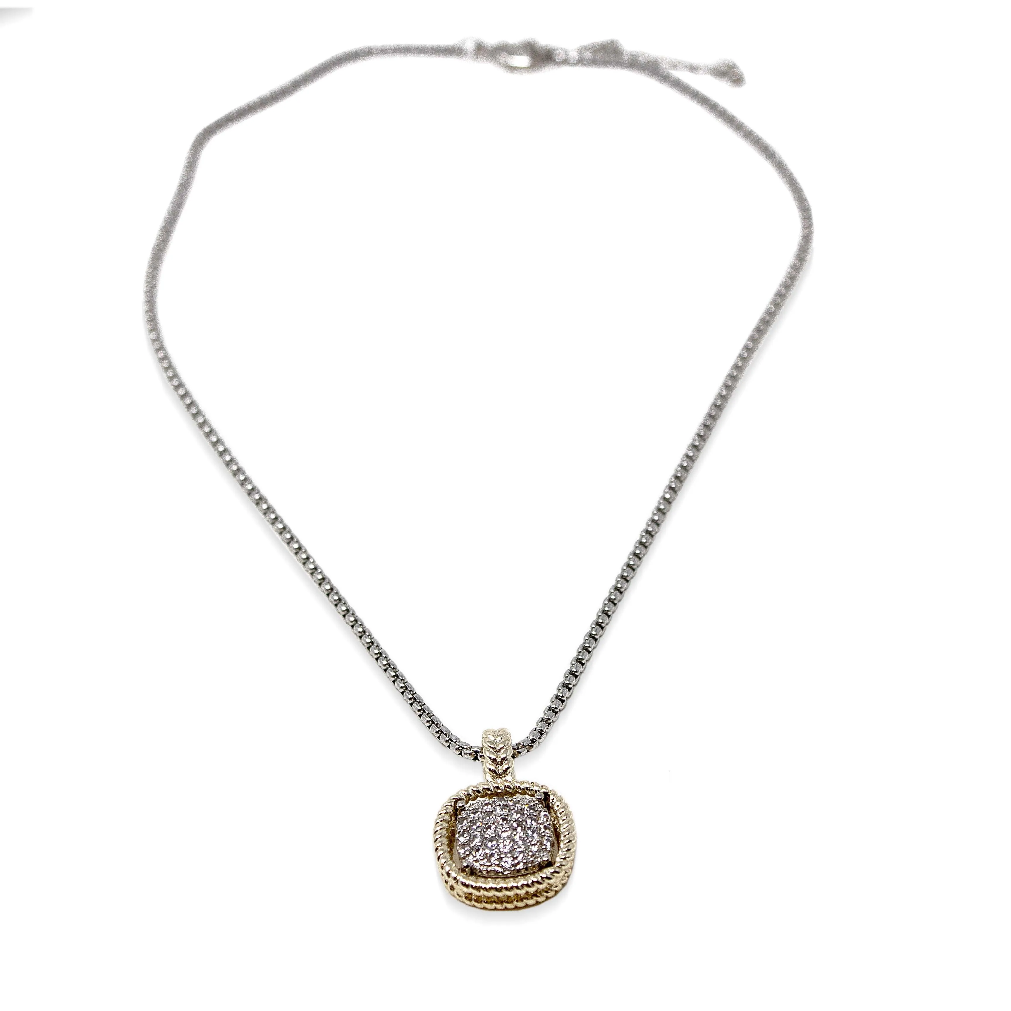 Two Tone Necklace with Soft Square Pave Pendant