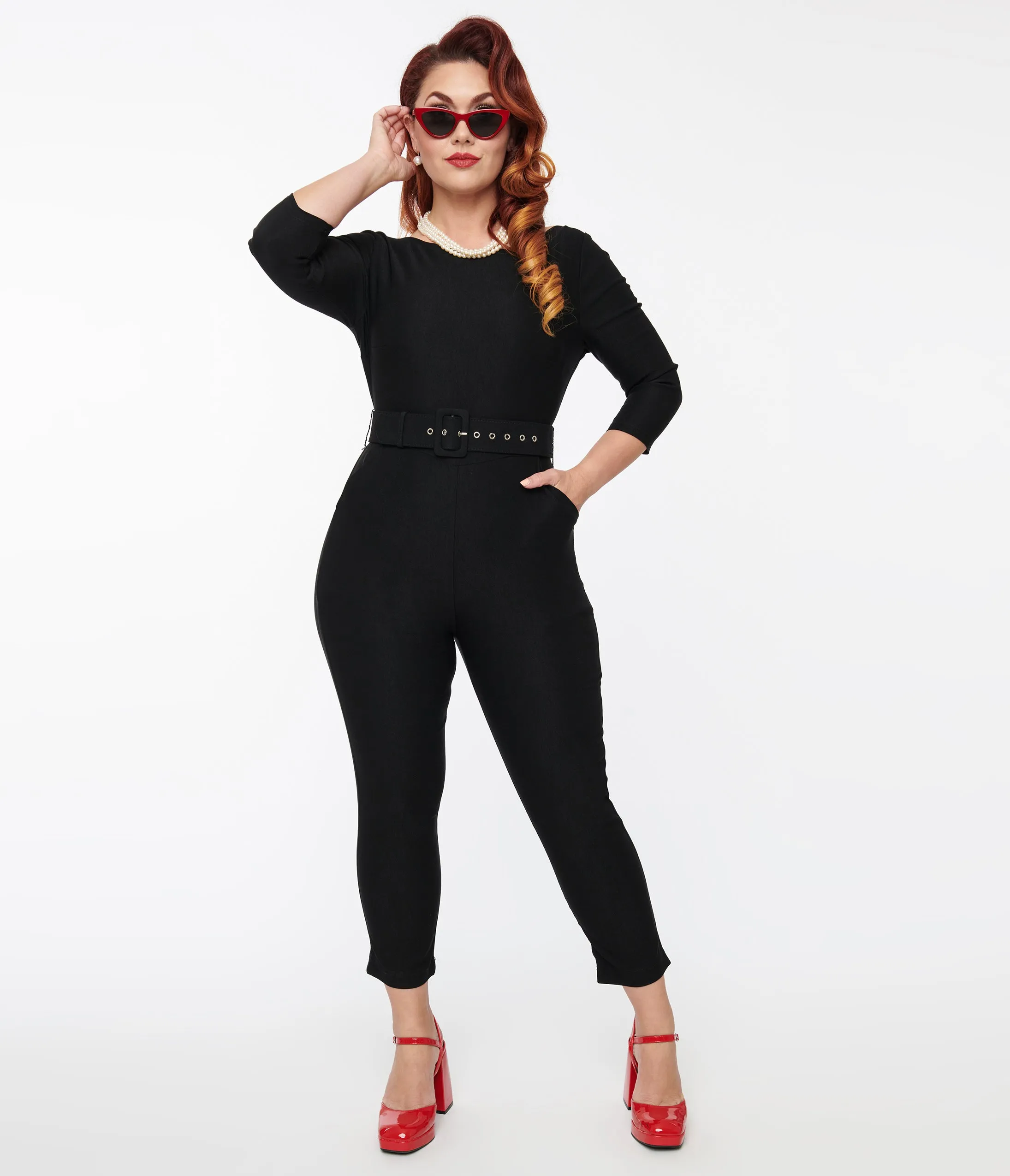 Unique Vintage 1950s Black Fitted Capri Jumpsuit