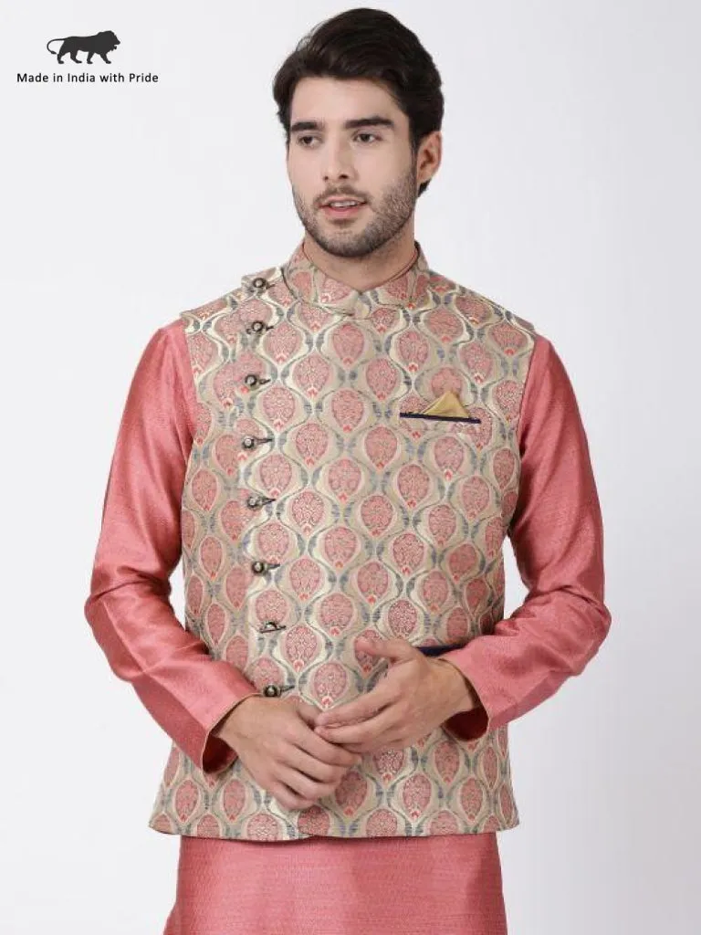 VASTRAMAY Men's Beige Cotton Silk Blend Ethnic Jacket