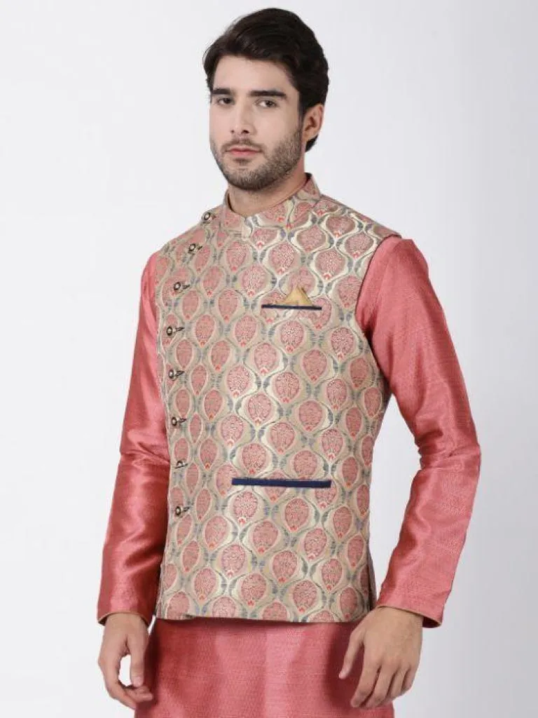 VASTRAMAY Men's Beige Cotton Silk Blend Ethnic Jacket