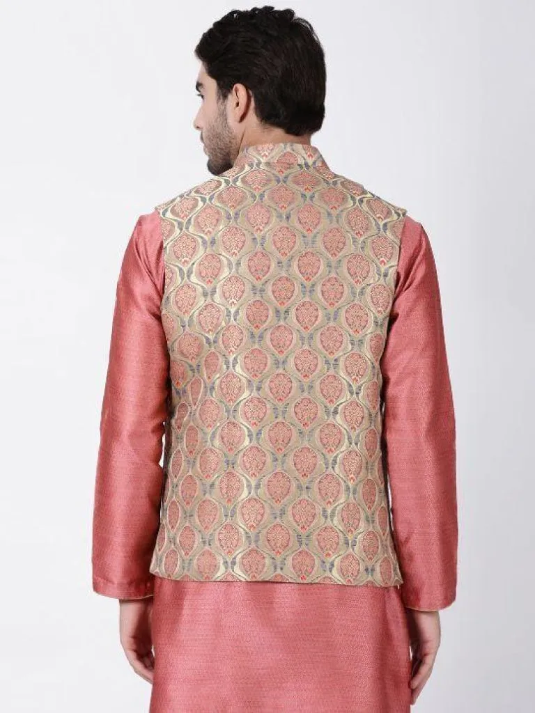 VASTRAMAY Men's Beige Cotton Silk Blend Ethnic Jacket