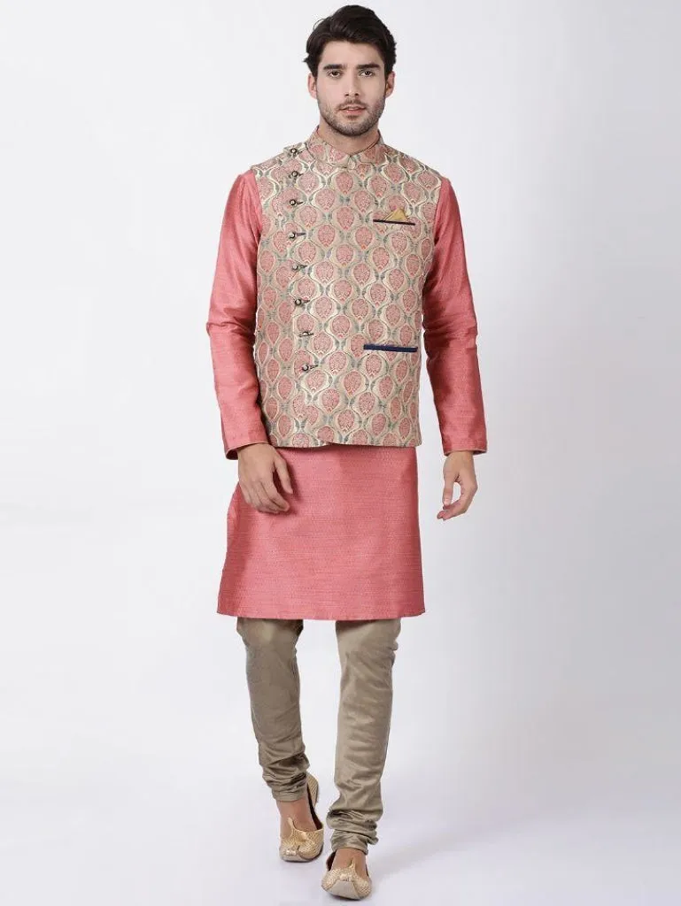 VASTRAMAY Men's Beige Cotton Silk Blend Ethnic Jacket