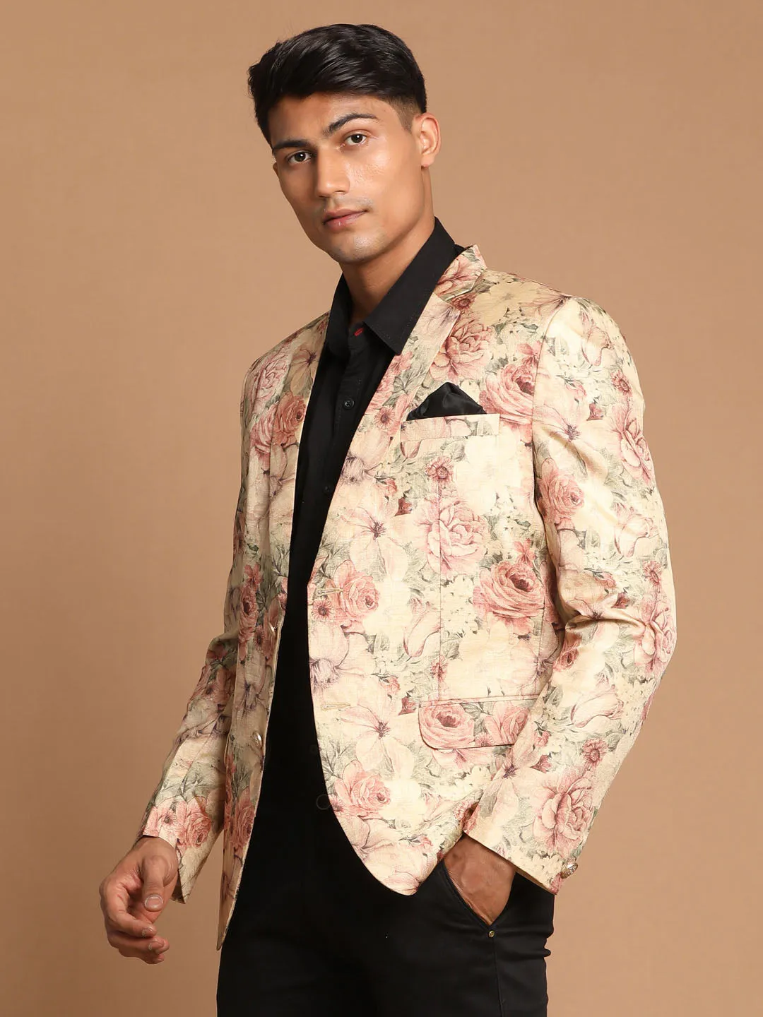 VASTRAMAY Men's Beige Silk Blend Floral Print Blazer