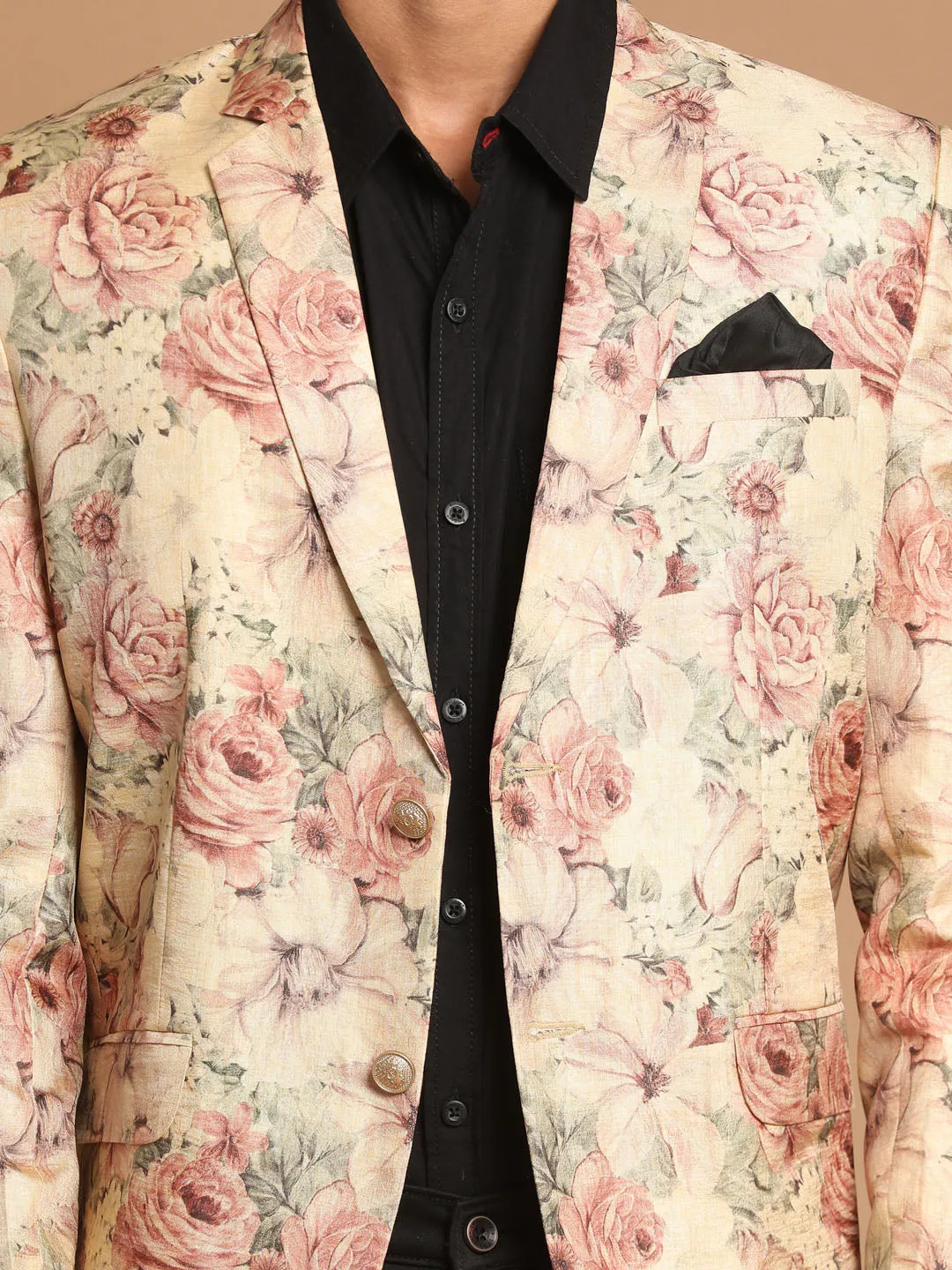 VASTRAMAY Men's Beige Silk Blend Floral Print Blazer