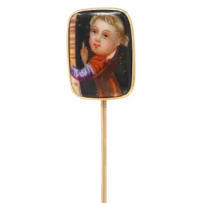 Victorian Painted Enamel 14 Karat Yellow Gold Antique Portrait Stickpin