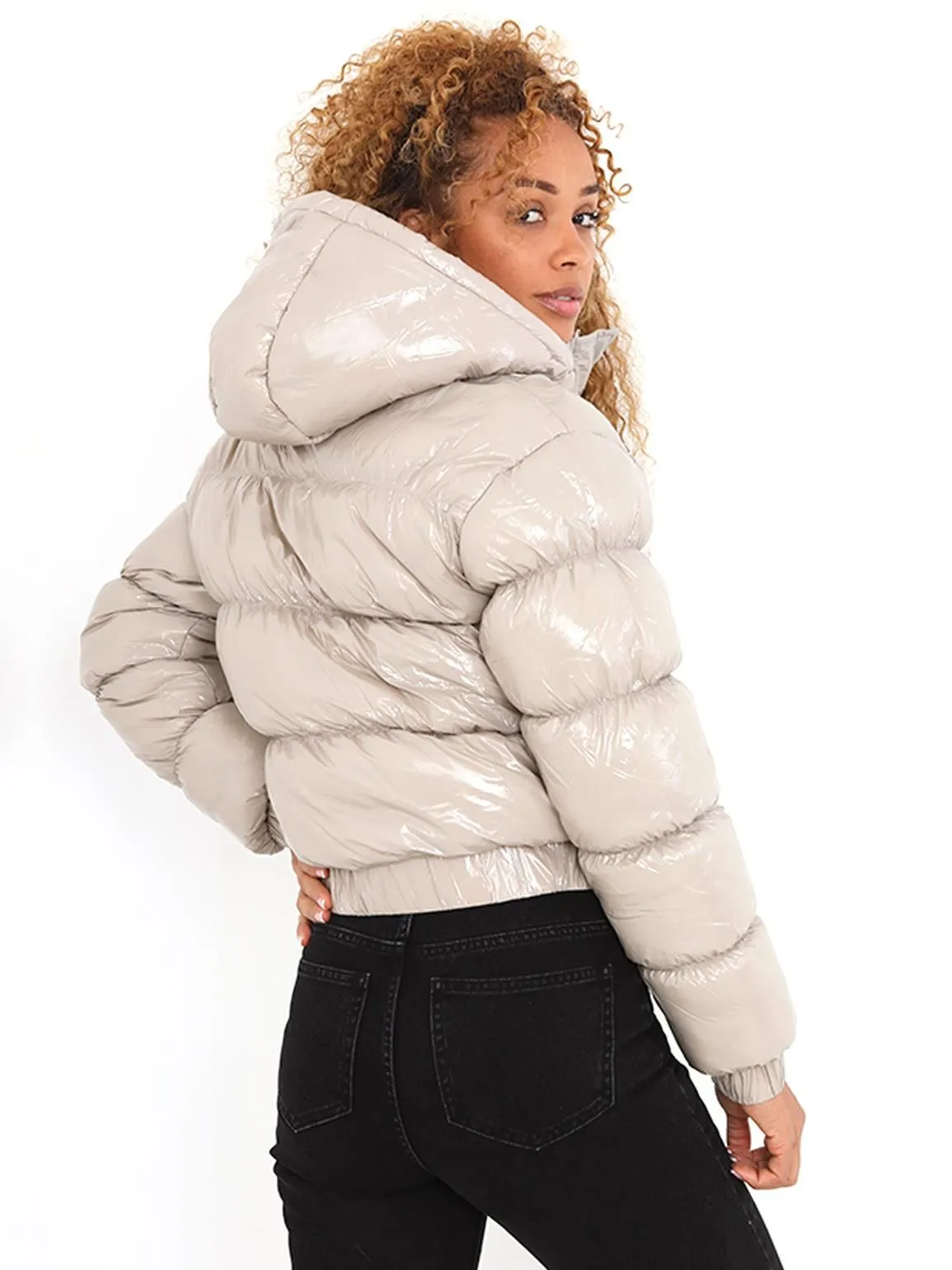 Vinyl Shine Puffer Jacket, Stone, UK Sizes 8 to 16