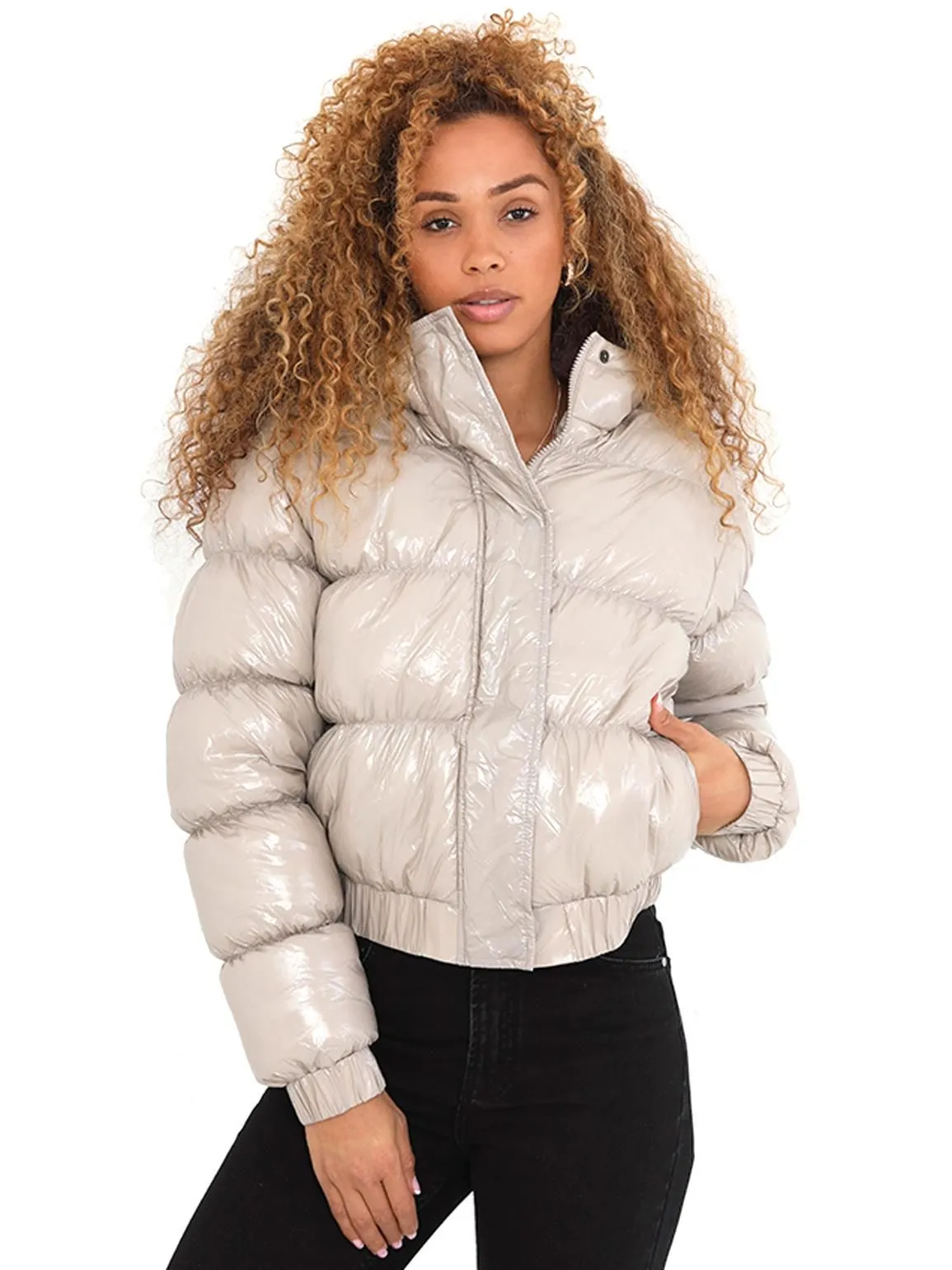 Vinyl Shine Puffer Jacket, Stone, UK Sizes 8 to 16