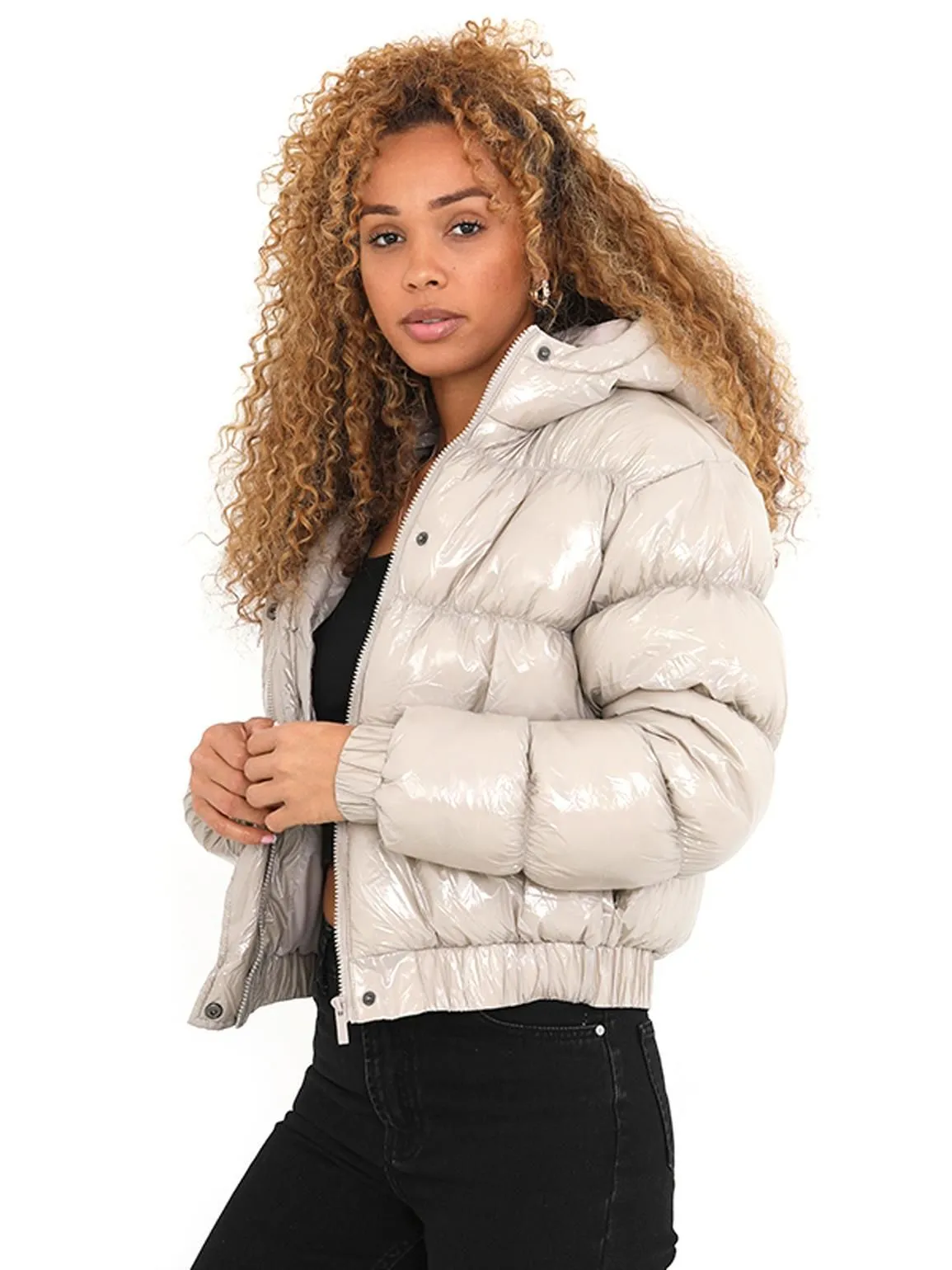 Vinyl Shine Puffer Jacket, Stone, UK Sizes 8 to 16