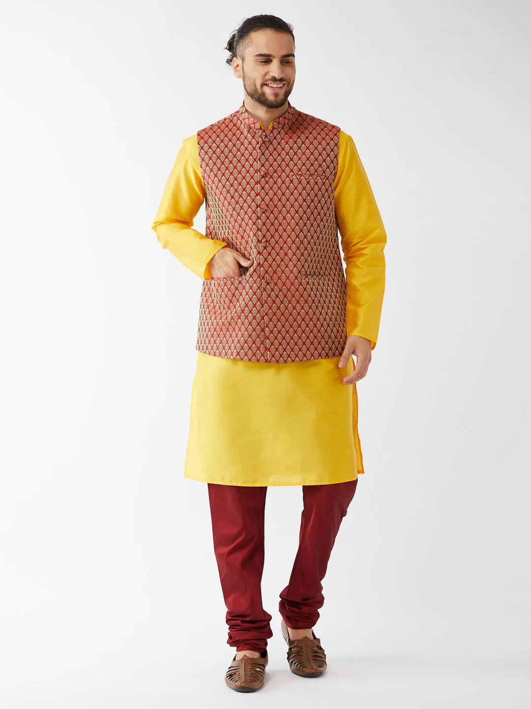 VM BY VASTRAMAY Men's Maroon Silk Blend Ethnic Jacket, Yellow Kurta and Maroon Pyjama Set